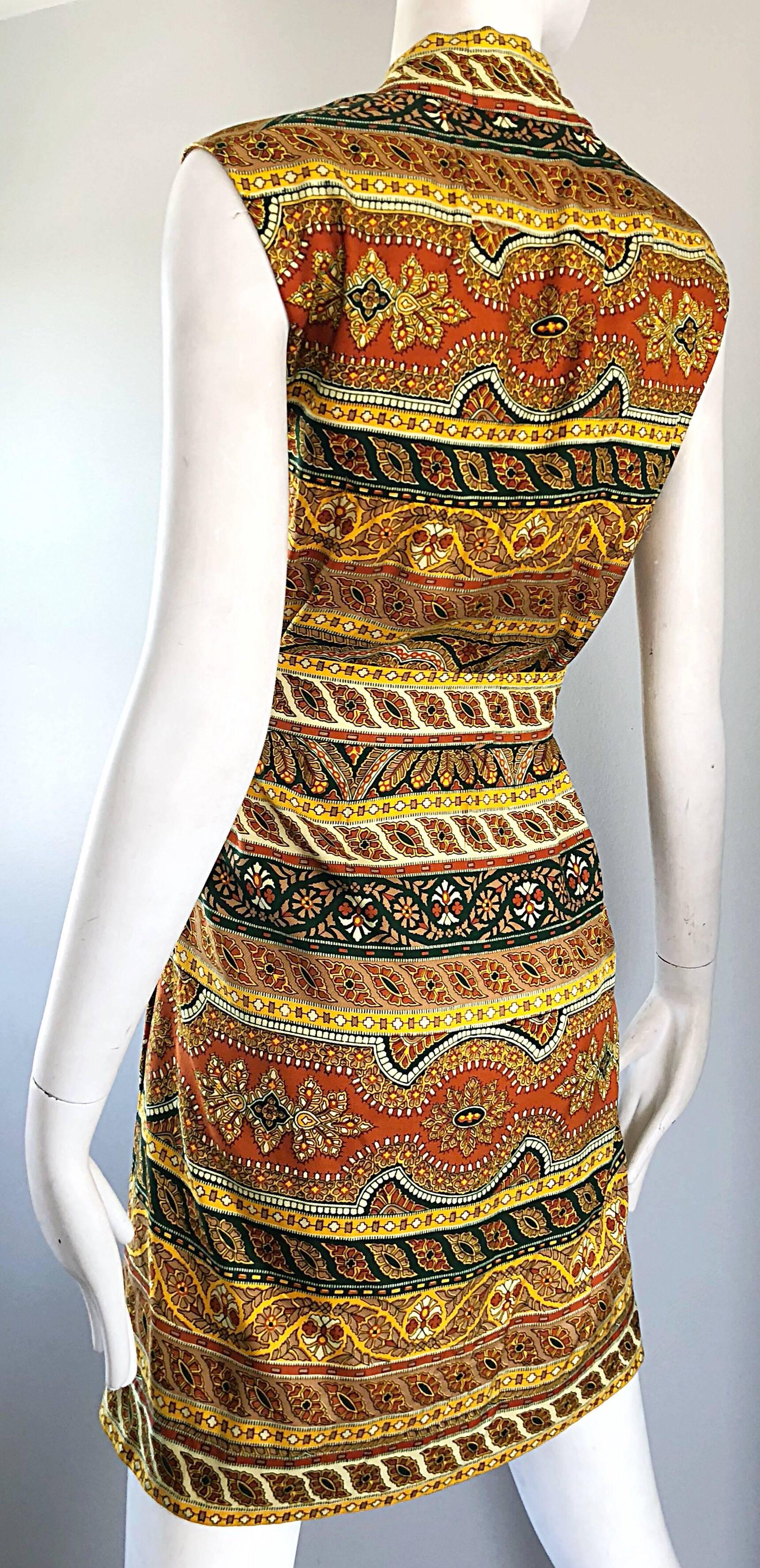 Chic 1960s Donald Brooks Batik Ethnic Print Vintage 60s Silk Wrap Dress + Belt 3