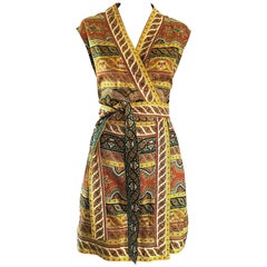 Chic 1960s Donald Brooks Batik Ethnic Print Vintage 60s Silk Wrap Dress + Belt