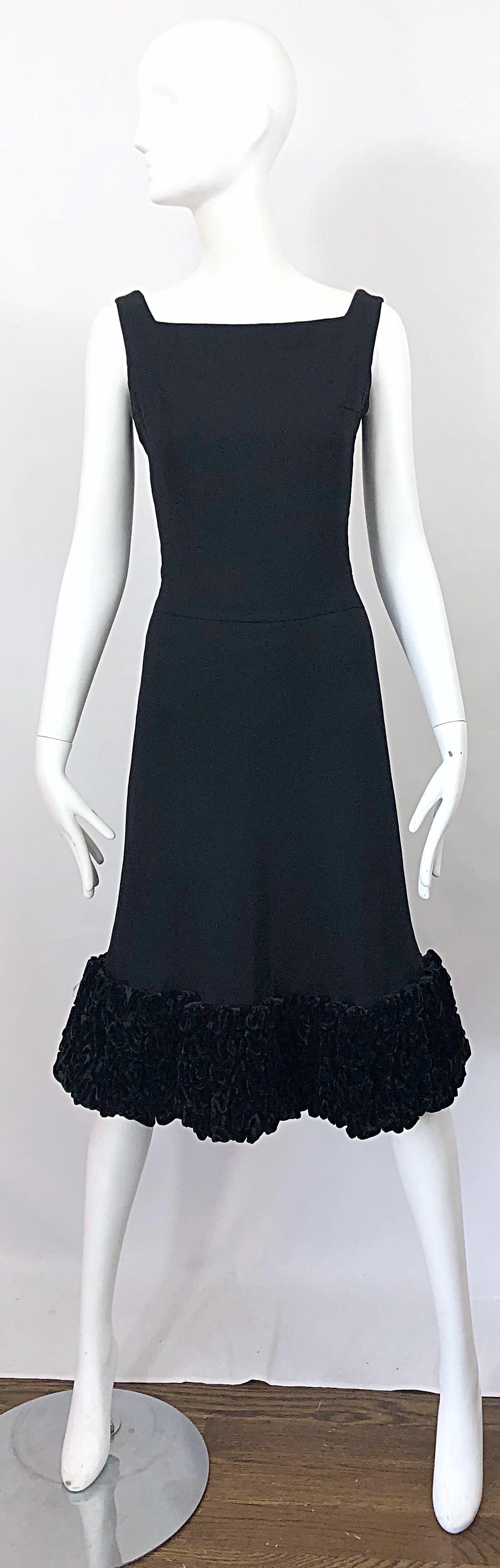 Chic 1960s EVON BESACK black crepe and velvet A-Line dress! Features a flattering square neck with a tailored bodice. Forgiving full skirt with intricate velvet details at hem. Full metal zipper up the back with 
hook-and-eye closure. Expertly