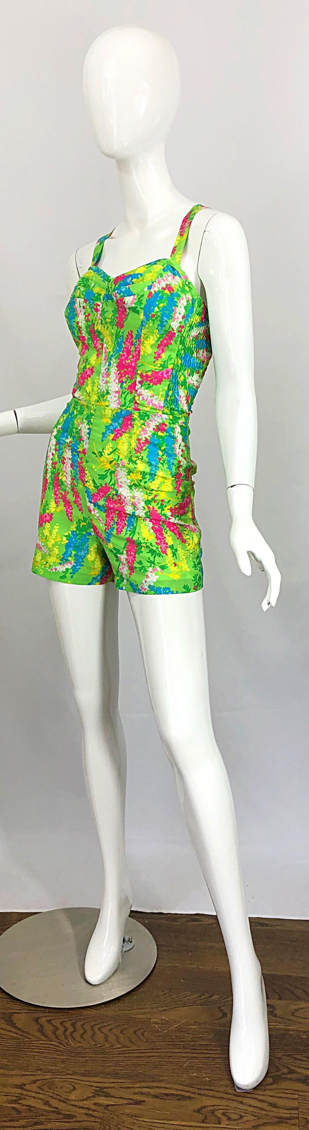 Chic 1960s Gabar Lime Green + Pink Flower Silk Vintage 60s One Piece Romper In Excellent Condition For Sale In San Diego, CA