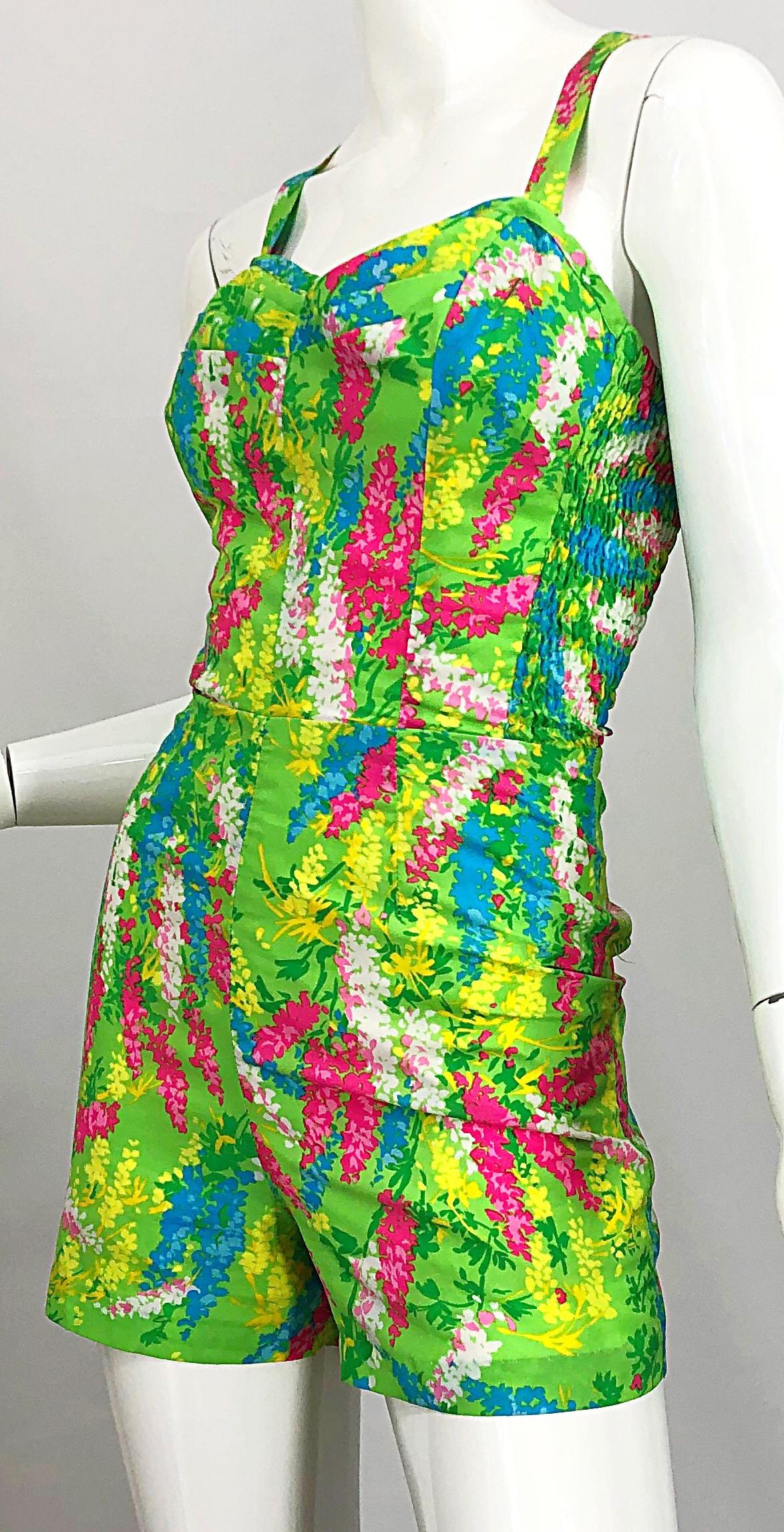 Chic 1960s Gabar Lime Green + Pink Flower Silk Vintage 60s One Piece Romper For Sale 2