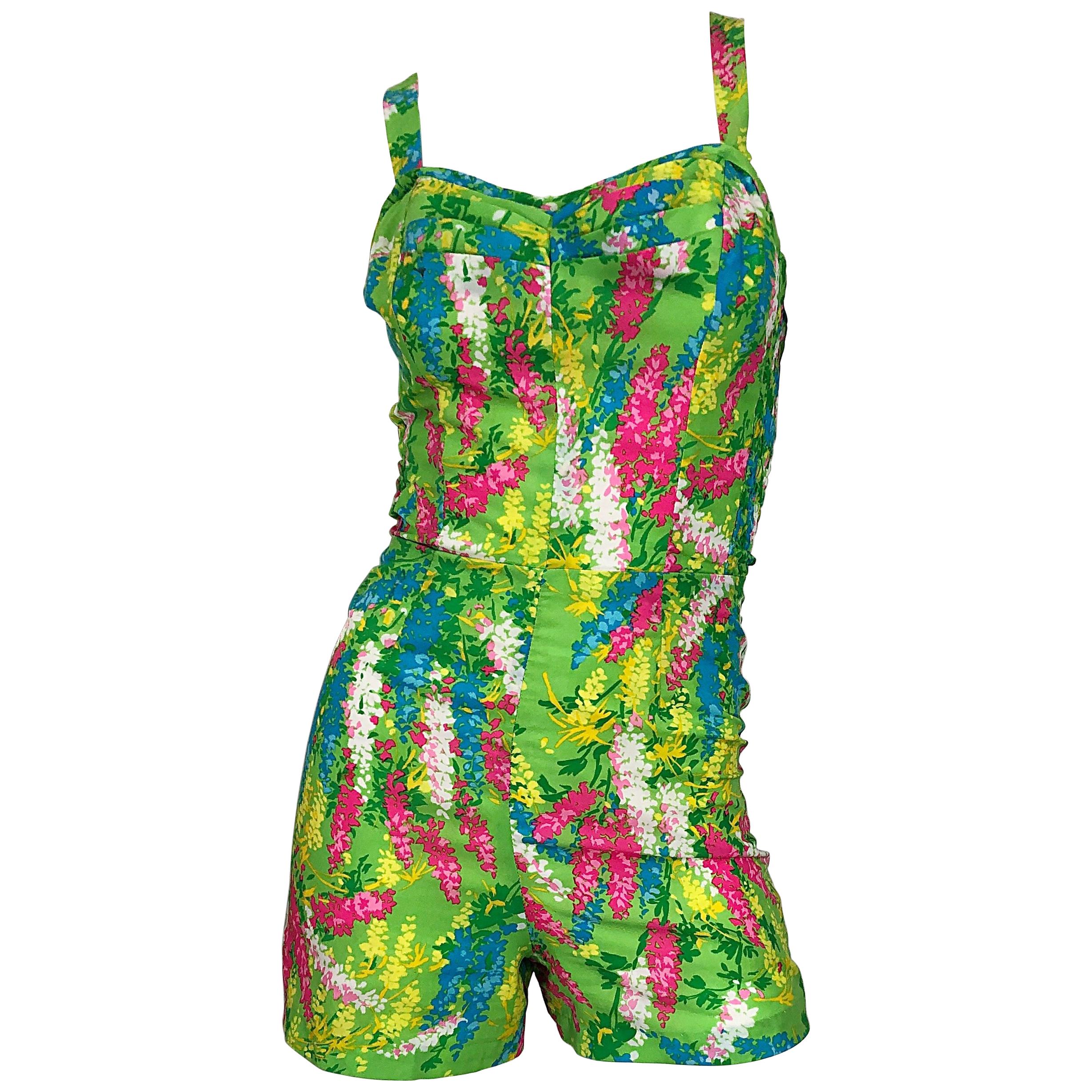 Chic 1960s Gabar Lime Green + Pink Flower Silk Vintage 60s One Piece Romper