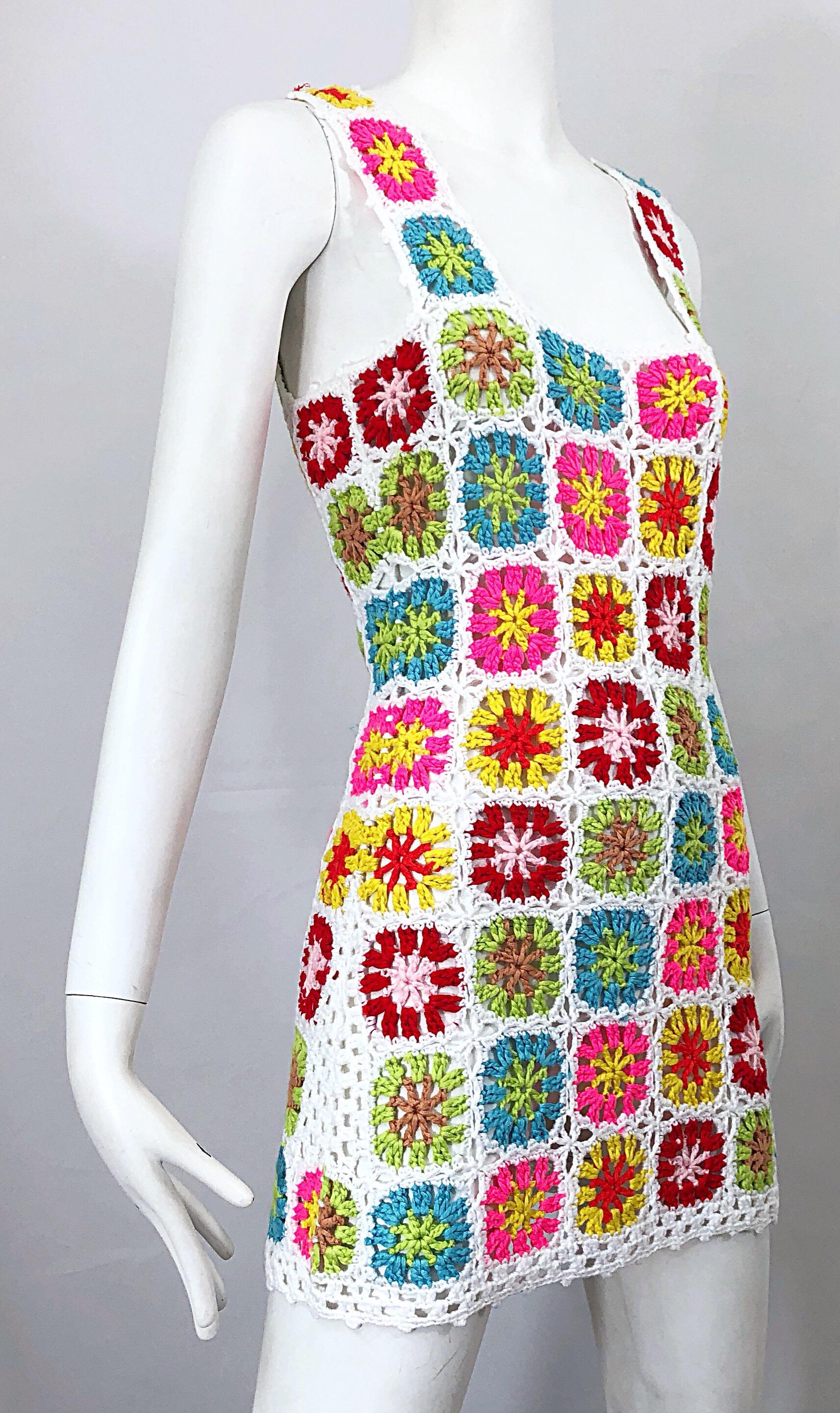Beige Chic 1960s Hand Crochet Colorful Flower Power Vintage 60s Mini Dress / Tunic