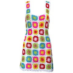 Chic 1960s Hand Crochet Colorful Flower Power Retro 60s Mini Dress / Tunic