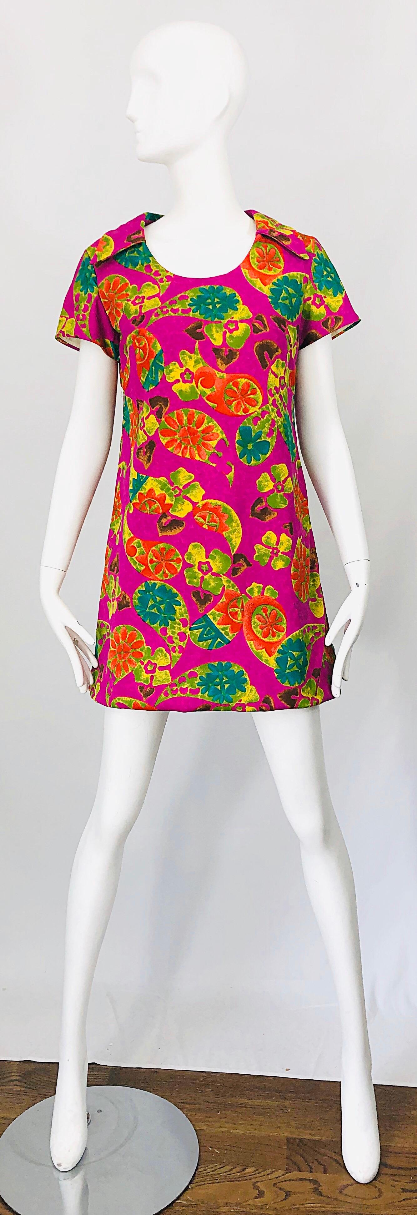 Chic 1960s Hawaiian Tiki Print Fuchsia Pink Cotton 60s Vintage Tunic Mini Dress 4