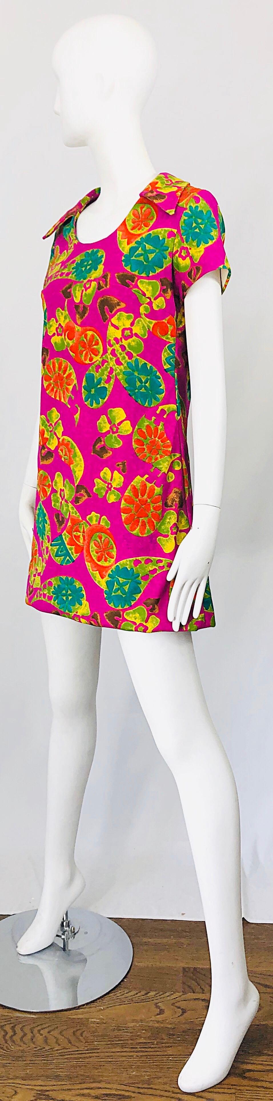 Women's Chic 1960s Hawaiian Tiki Print Fuchsia Pink Cotton 60s Vintage Tunic Mini Dress
