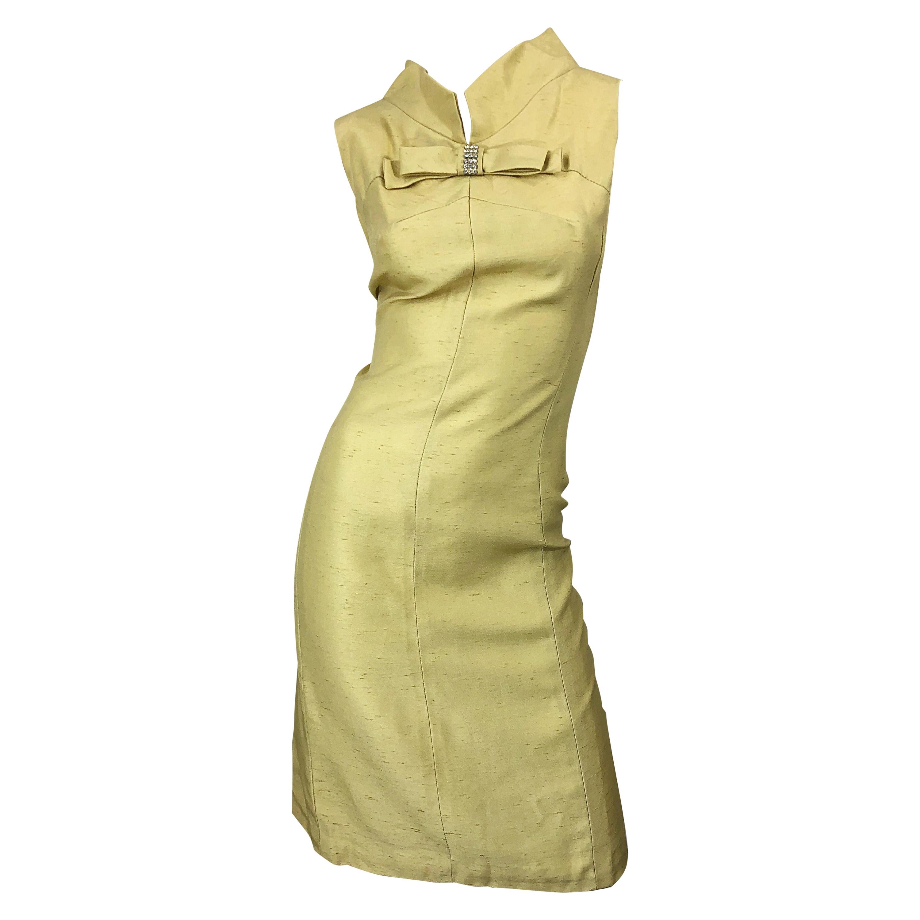 Chic 1960s I Magnin Yellow Silk Shantung Rhinestone  Bow Vintage 60s Shift Dress