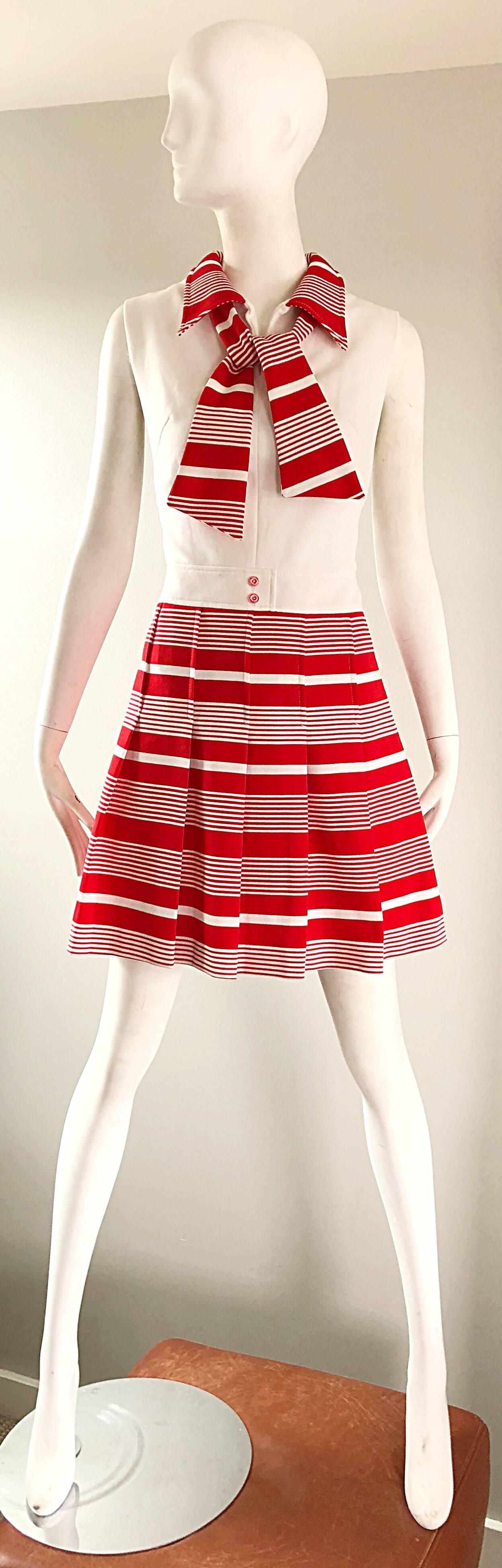 1960s Italian Red and White Striped A Line Knit Vintage 60s Scooter Dress For Sale 7