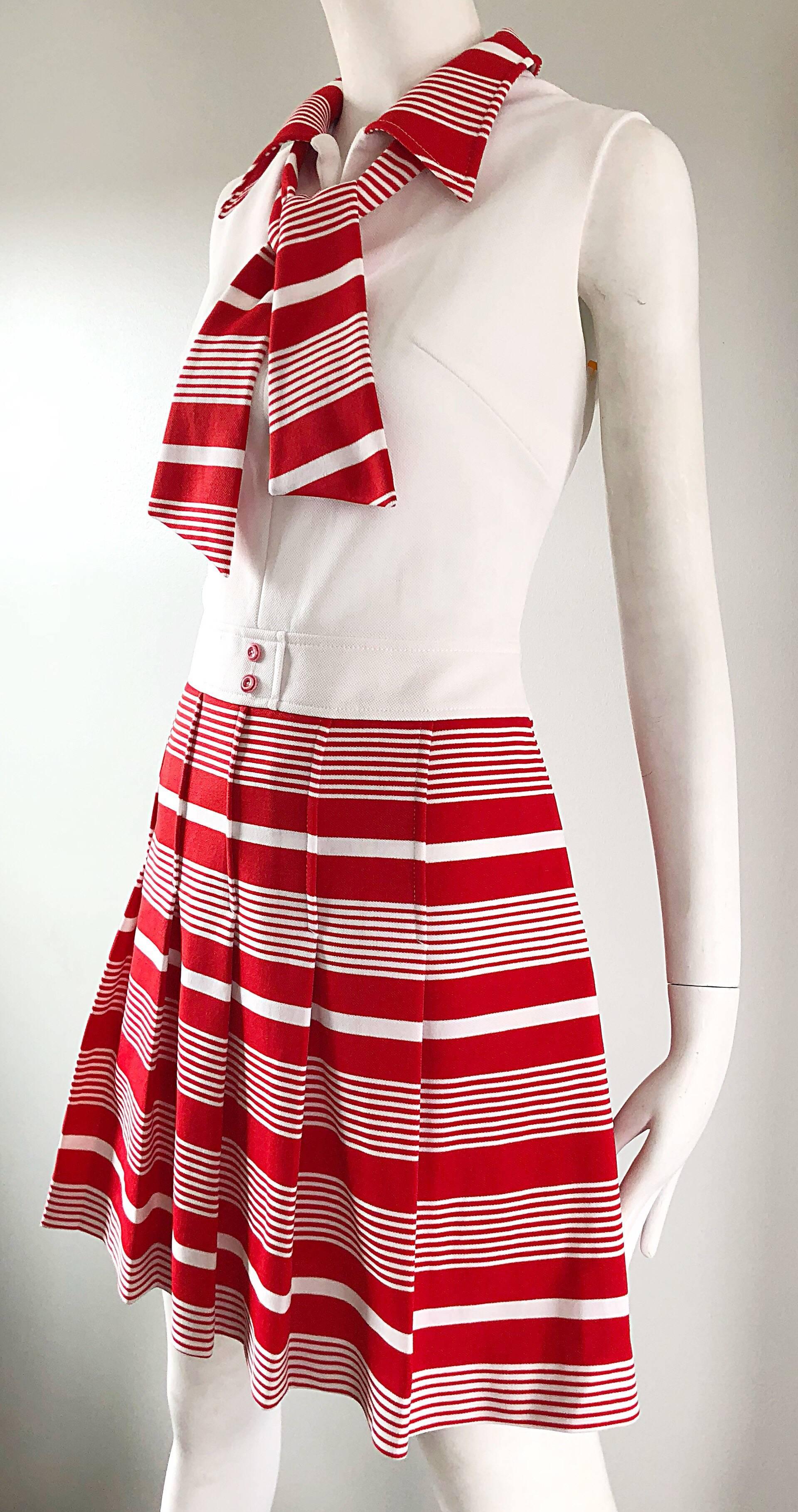 1960s Italian Red and White Striped A Line Knit Vintage 60s Scooter Dress In Excellent Condition In San Diego, CA