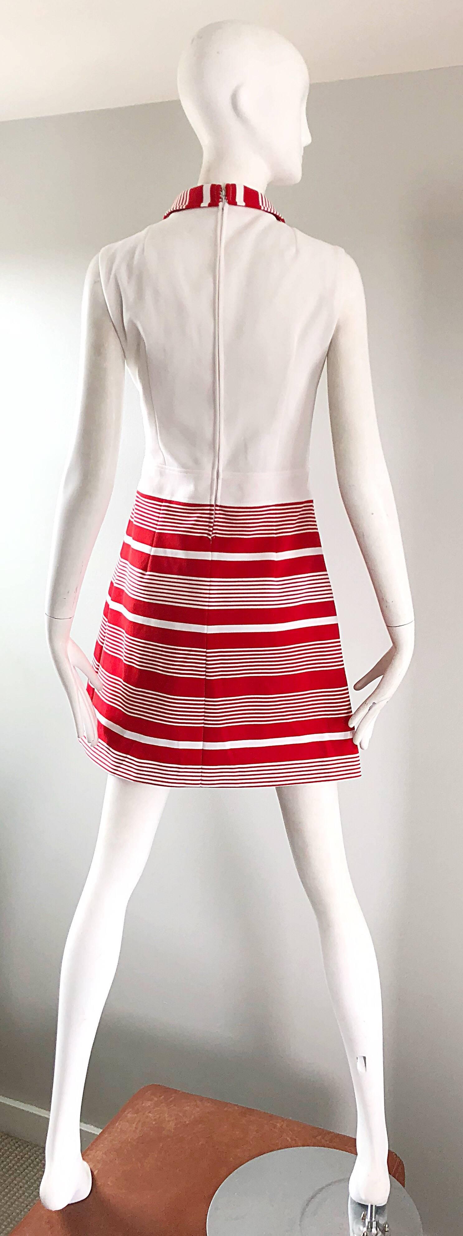 Women's 1960s Italian Red and White Striped A Line Knit Vintage 60s Scooter Dress For Sale