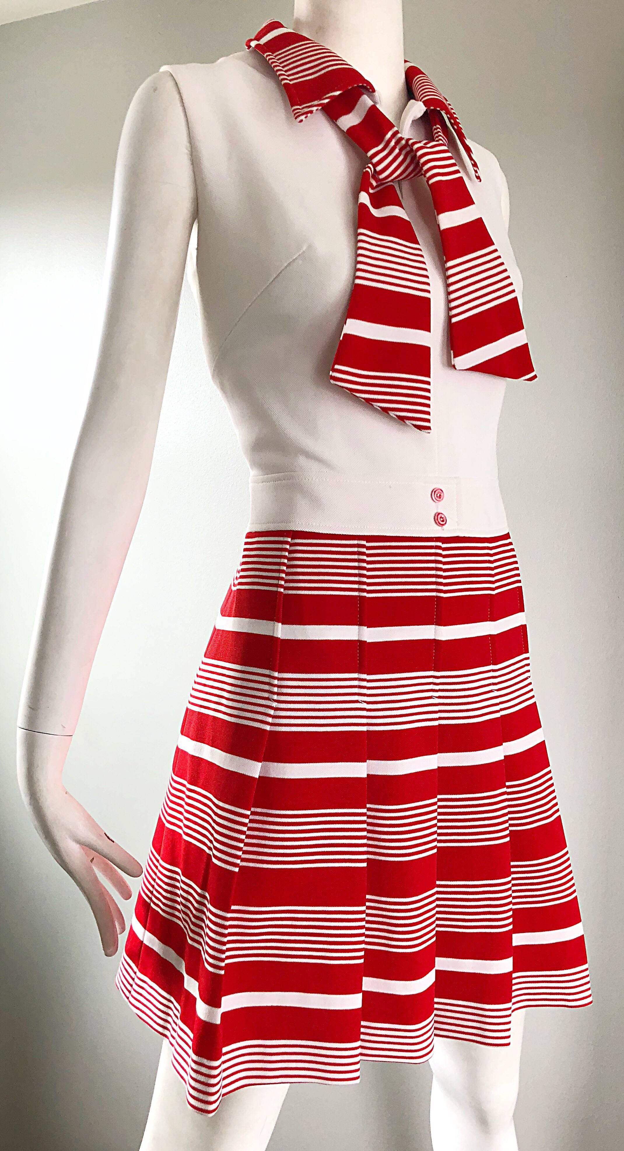 1960s Italian Red and White Striped A Line Knit Vintage 60s Scooter Dress For Sale 1