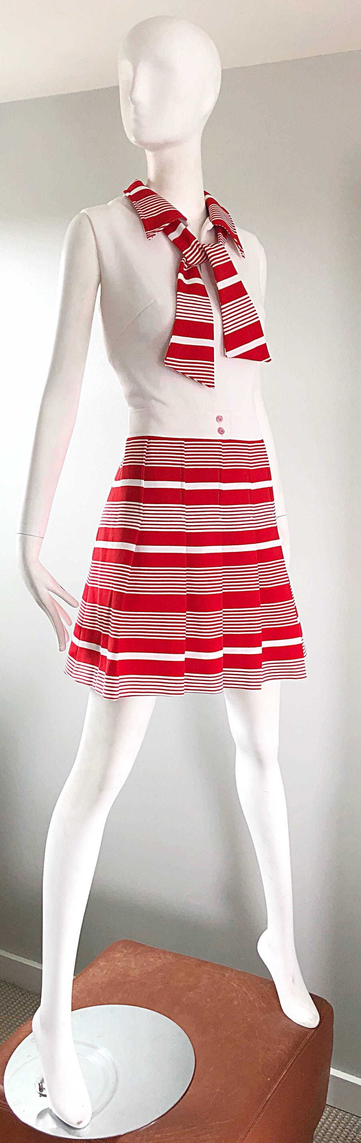 1960s Italian Red and White Striped A Line Knit Vintage 60s Scooter Dress For Sale 5