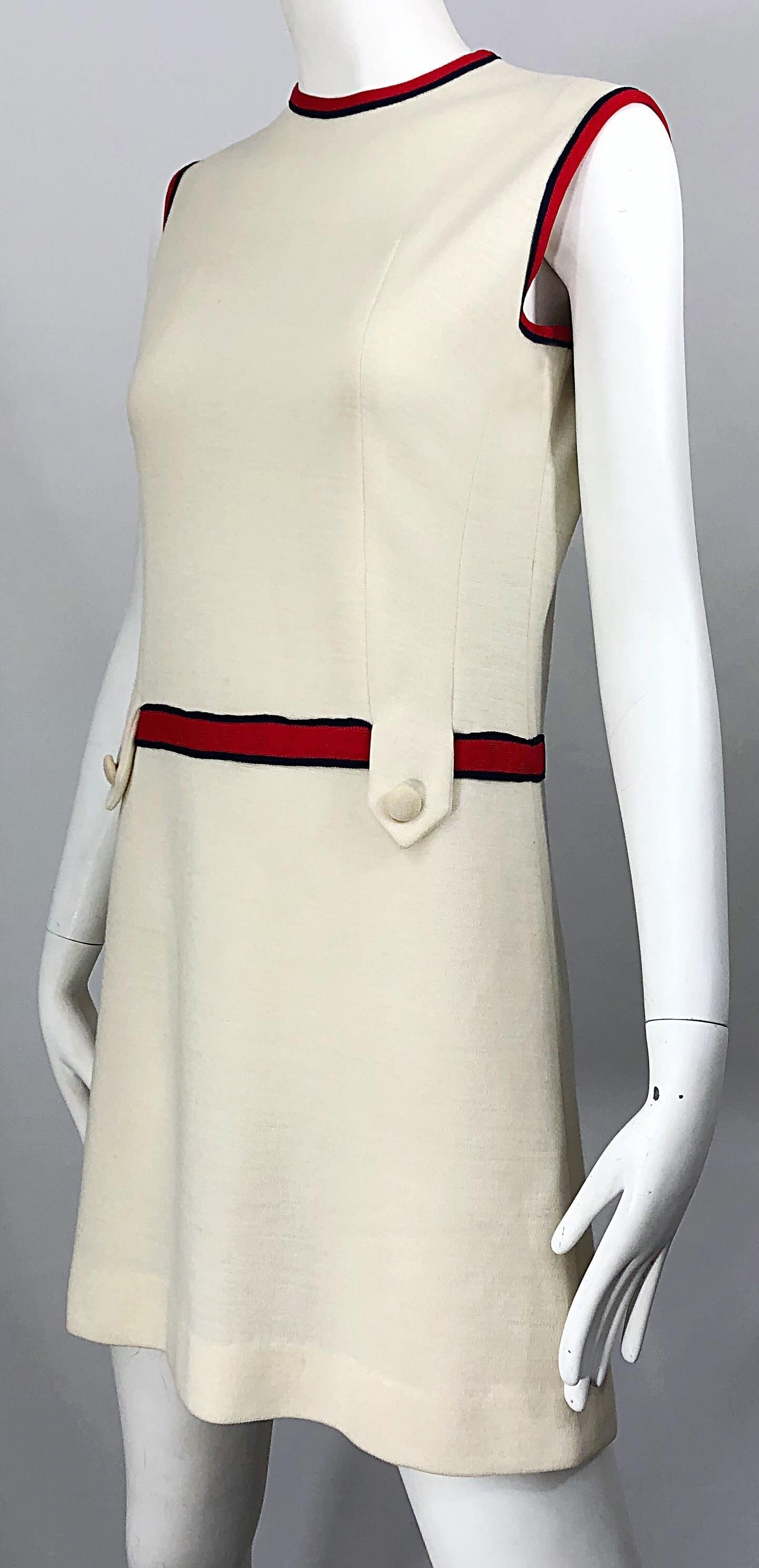 Chic 1960s Ivory + Navy Blue + Red Knit Vintage 60s Nautical Mod Shift Dress 5