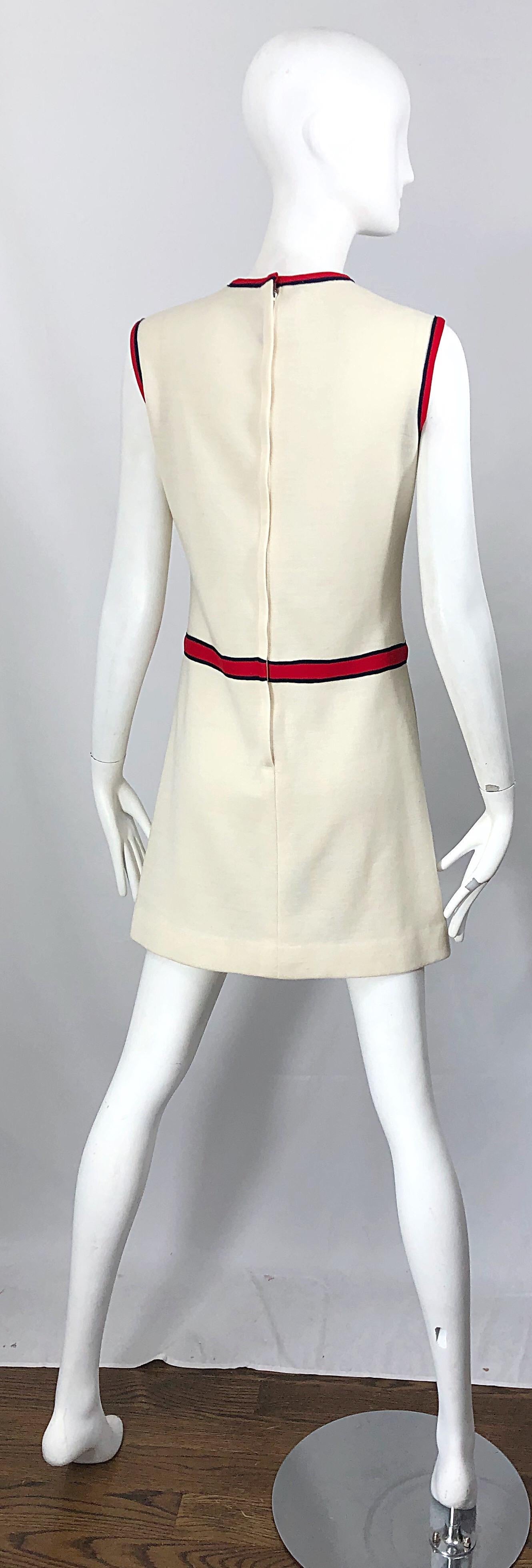 Chic 1960s Ivory + Navy Blue + Red Knit Vintage 60s Nautical Mod Shift Dress 6