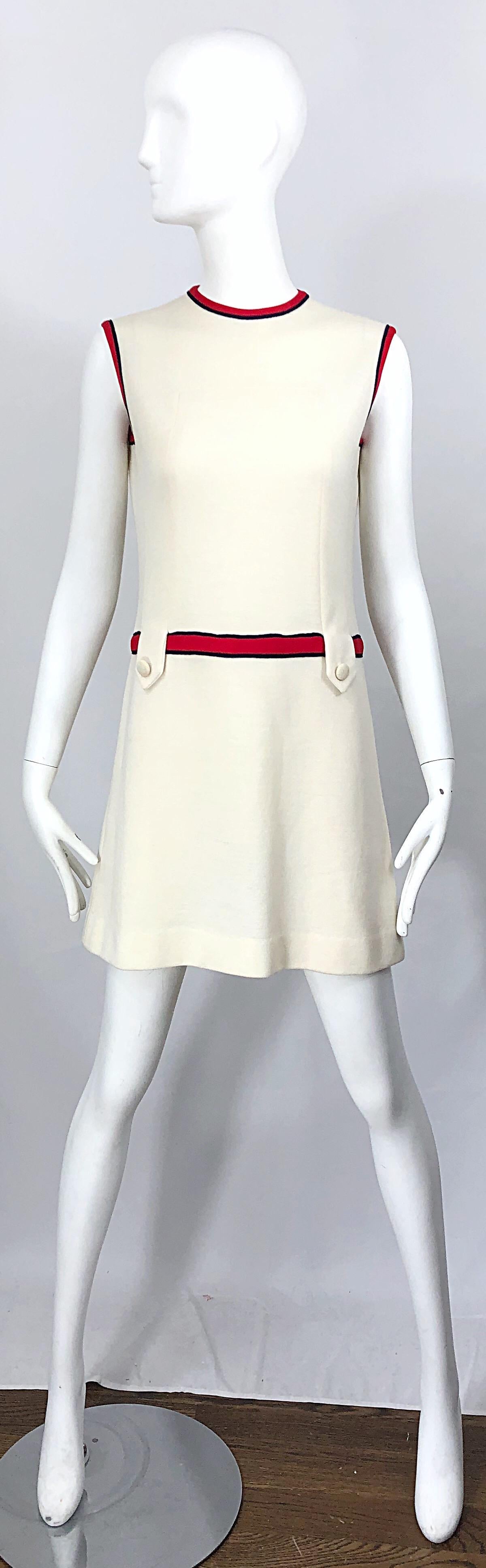Chic 1960s Ivory + Navy Blue + Red Knit Vintage 60s Nautical Mod Shift Dress 7