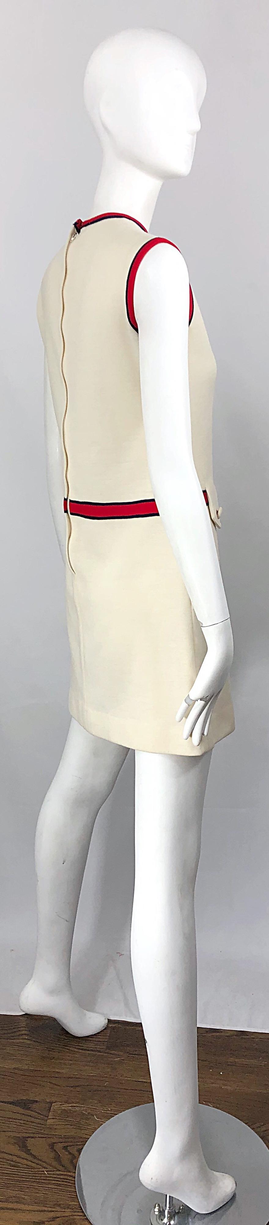 Gray Chic 1960s Ivory + Navy Blue + Red Knit Vintage 60s Nautical Mod Shift Dress