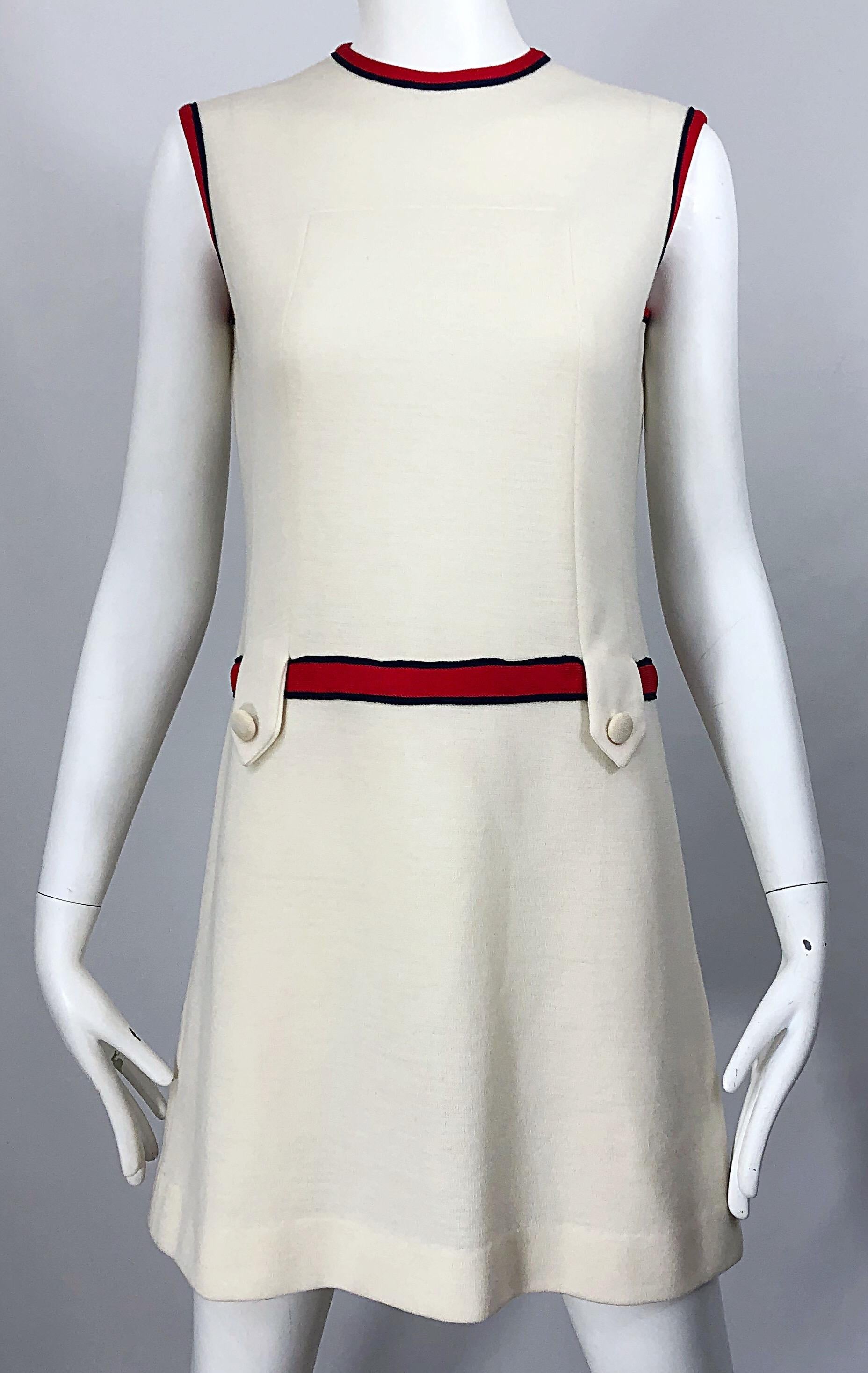 Women's Chic 1960s Ivory + Navy Blue + Red Knit Vintage 60s Nautical Mod Shift Dress