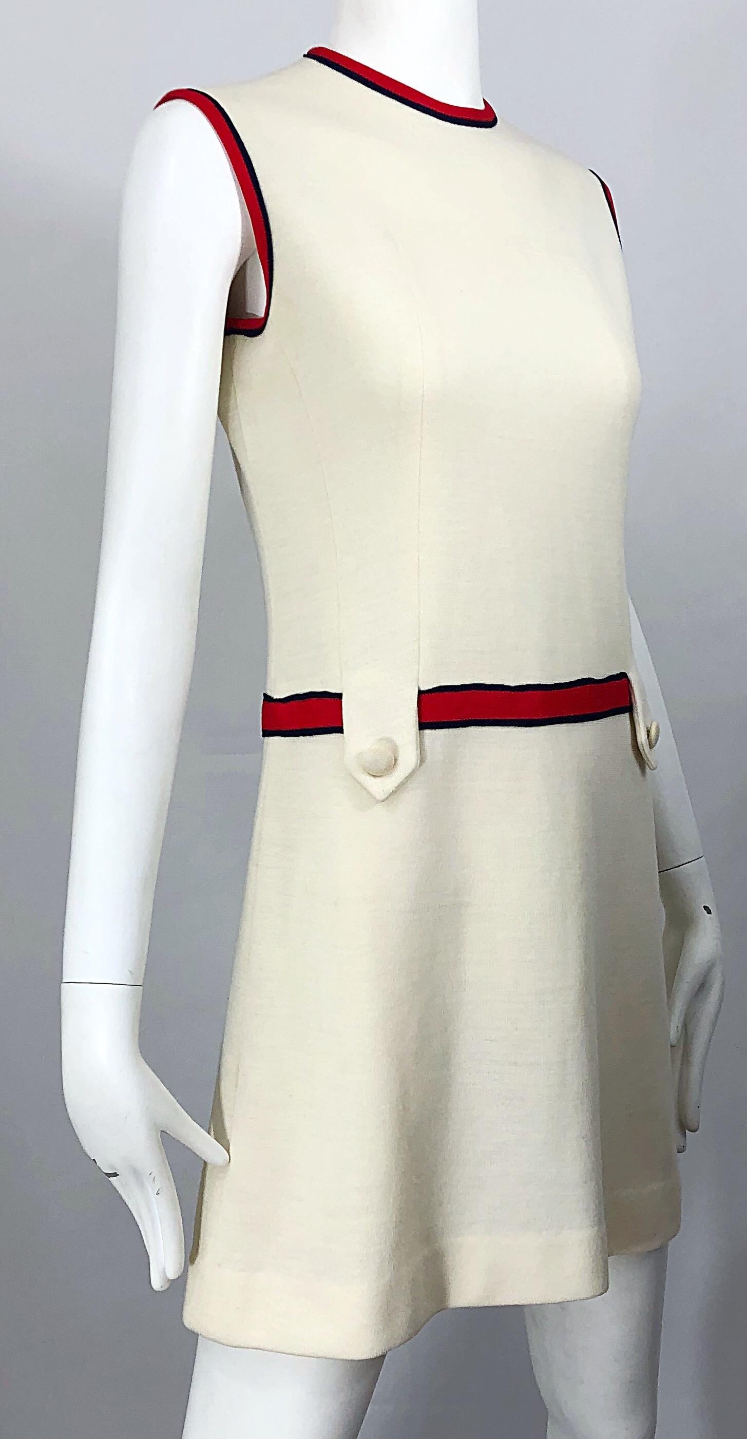 Chic 1960s Ivory + Navy Blue + Red Knit Vintage 60s Nautical Mod Shift Dress 1
