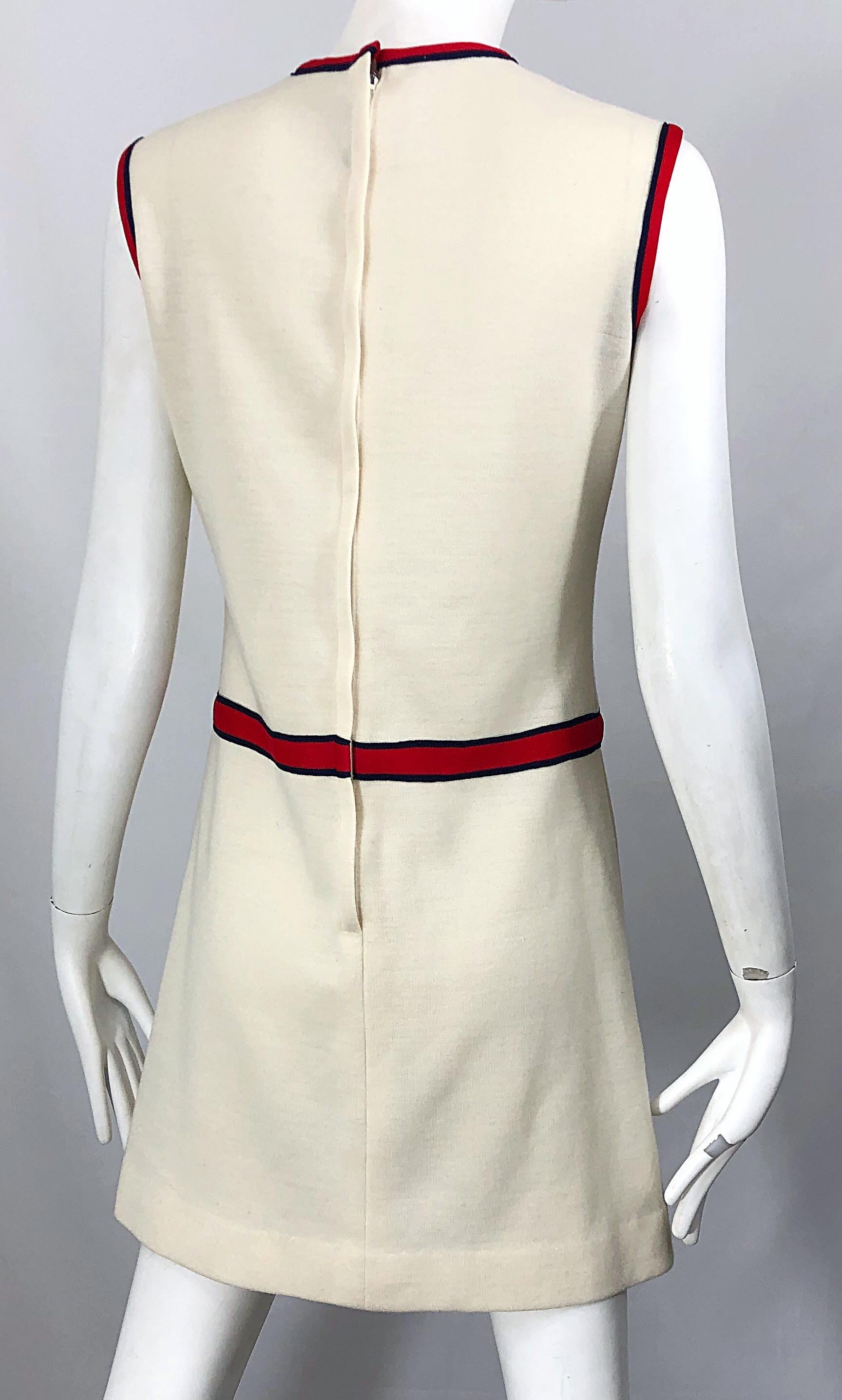 Chic 1960s Ivory + Navy Blue + Red Knit Vintage 60s Nautical Mod Shift Dress 2