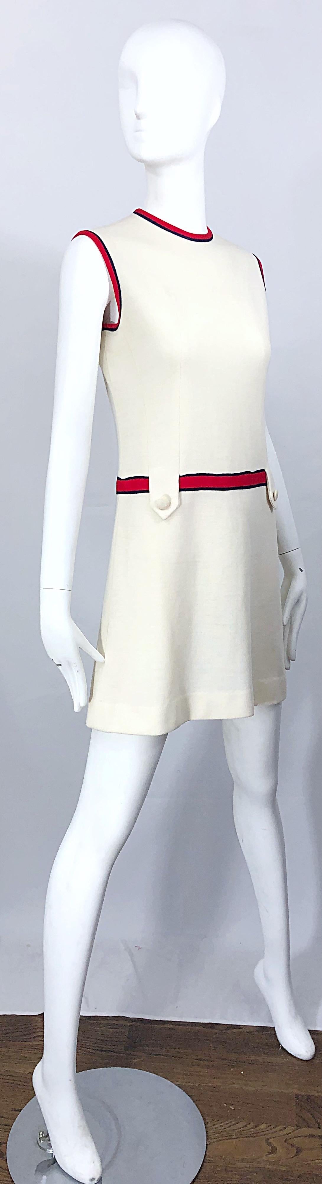 Chic 1960s Ivory + Navy Blue + Red Knit Vintage 60s Nautical Mod Shift Dress 3