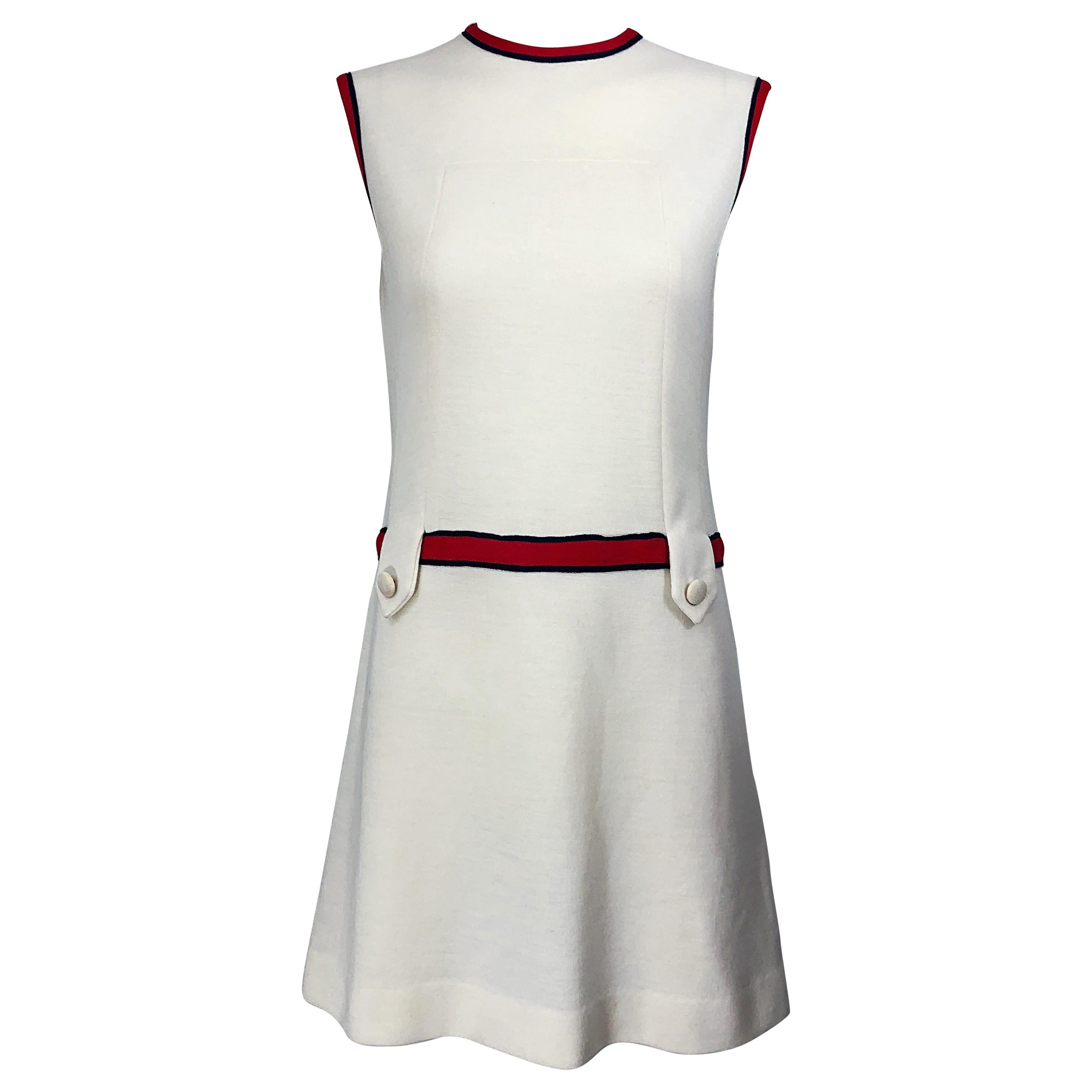 Chic 1960s Ivory + Navy Blue + Red Knit Vintage 60s Nautical Mod Shift Dress