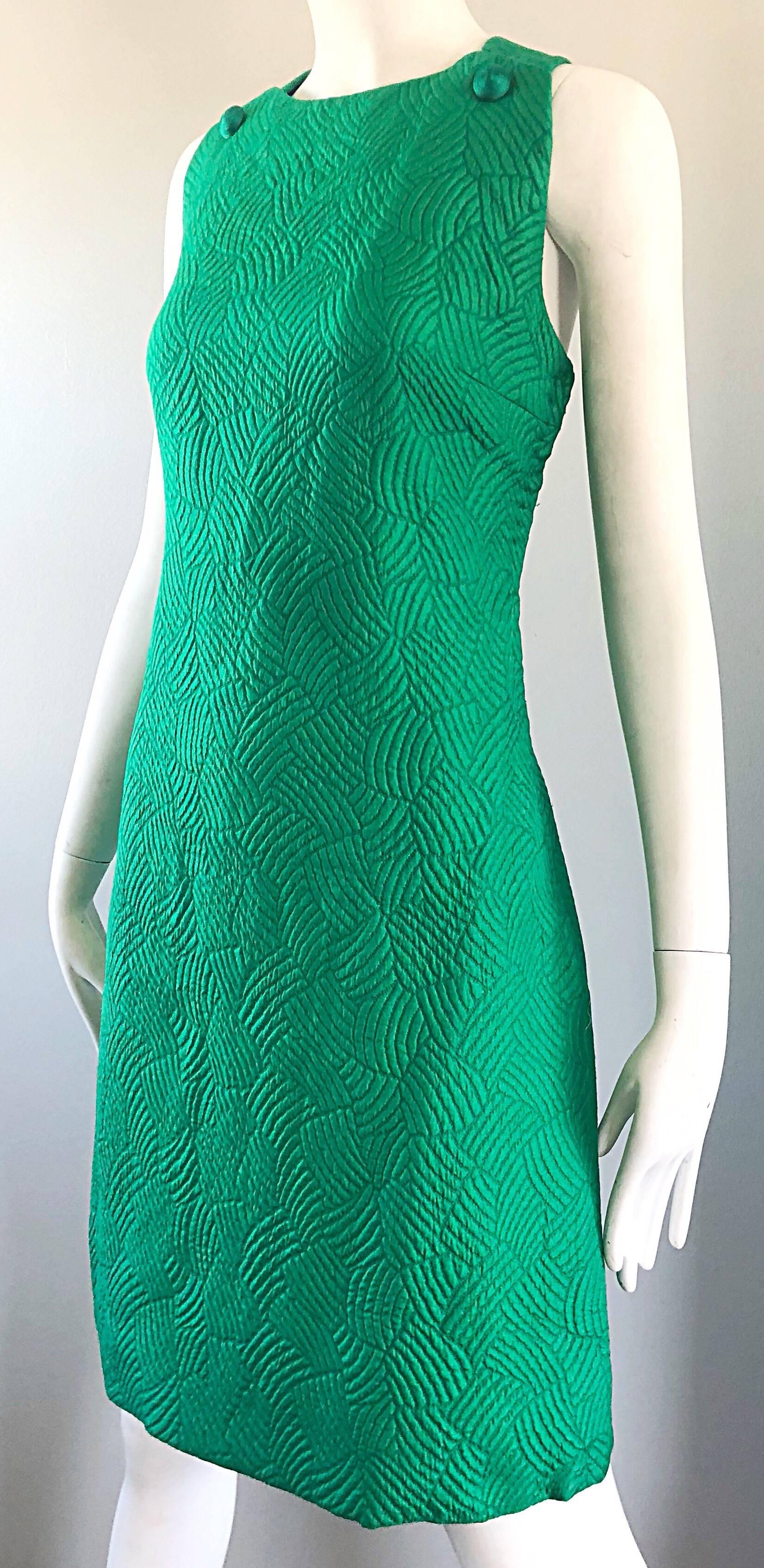 Chic 1960s Kelly Green Quilted Silk Dress and Cropped Jacket Vintage 60s Set 6