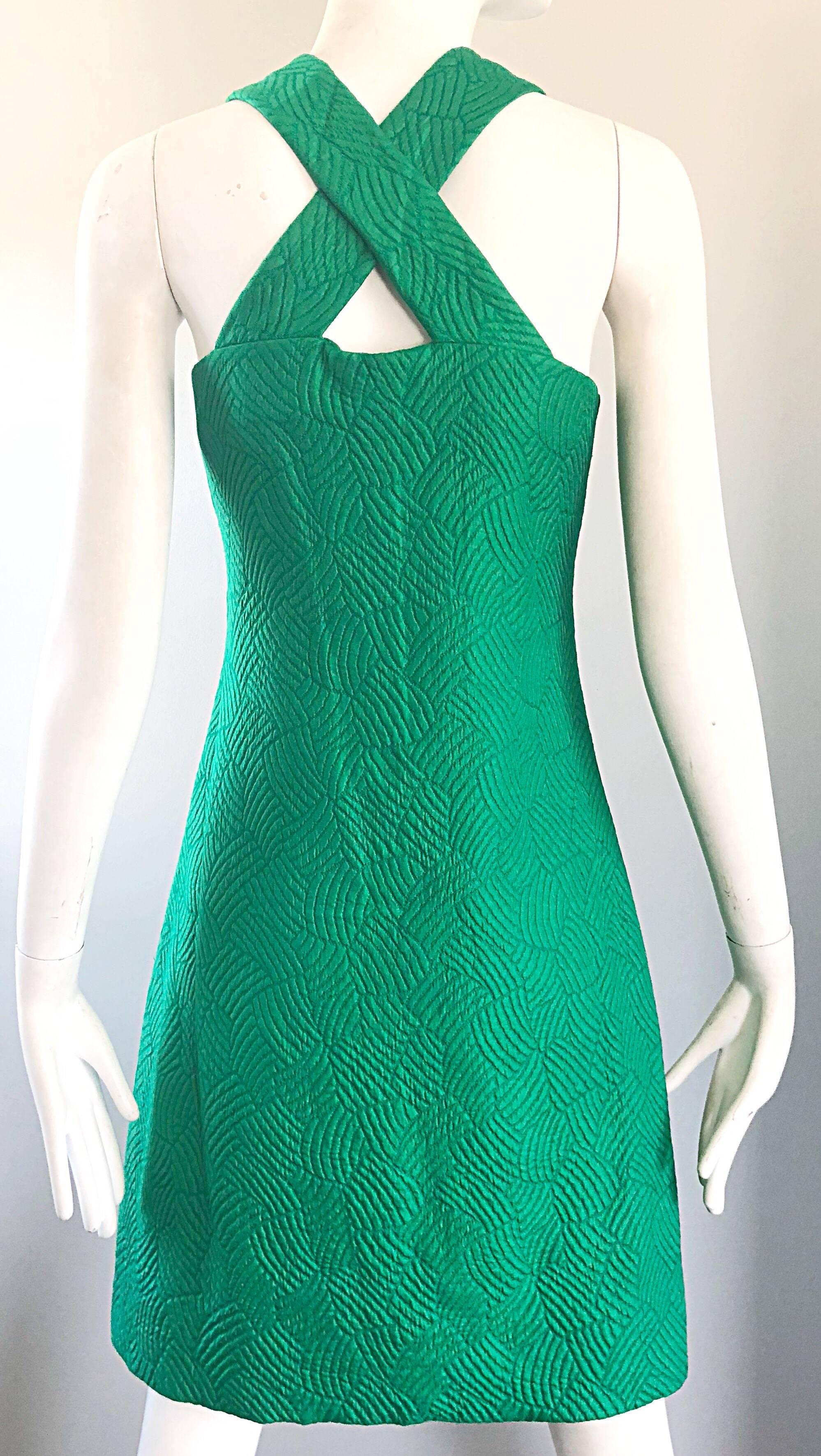 Chic 1960s Kelly Green Quilted Silk Dress and Cropped Jacket Vintage 60s Set 9