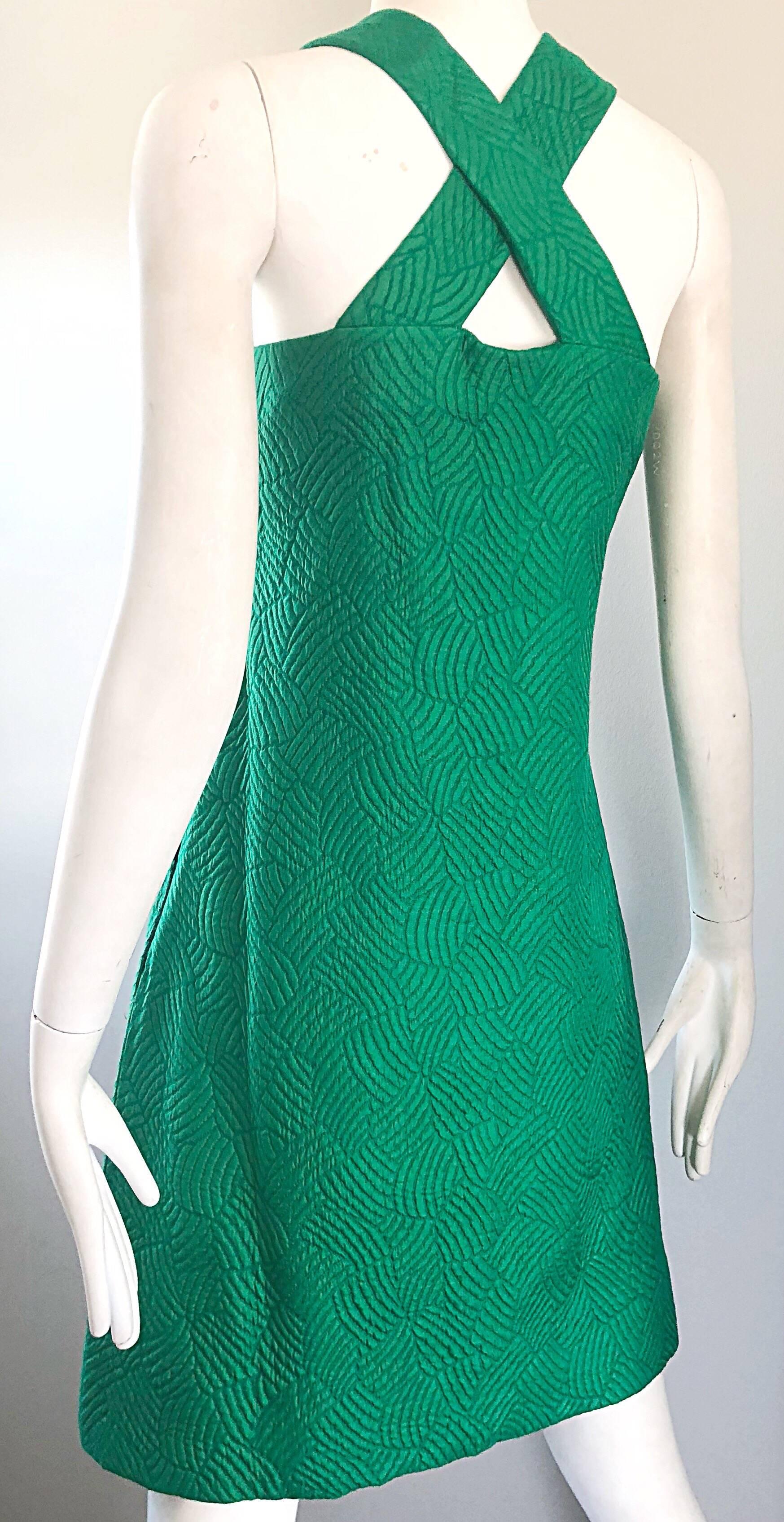 Chic 1960s Kelly Green Quilted Silk Dress and Cropped Jacket Vintage 60s Set 11