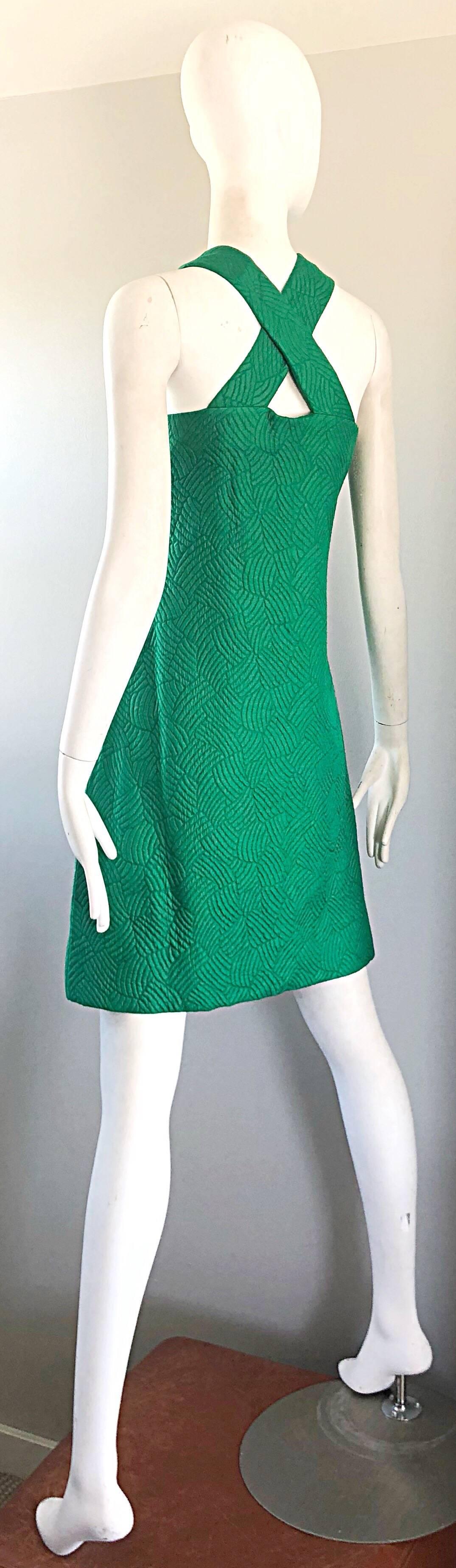 Chic 1960s Kelly Green Quilted Silk Dress and Cropped Jacket Vintage 60s Set 1