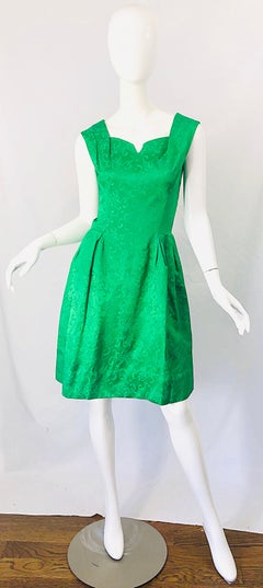 Chic 1960s Kelly Green Silk Damask Sleeveless Vintage 60s A-Line Dress