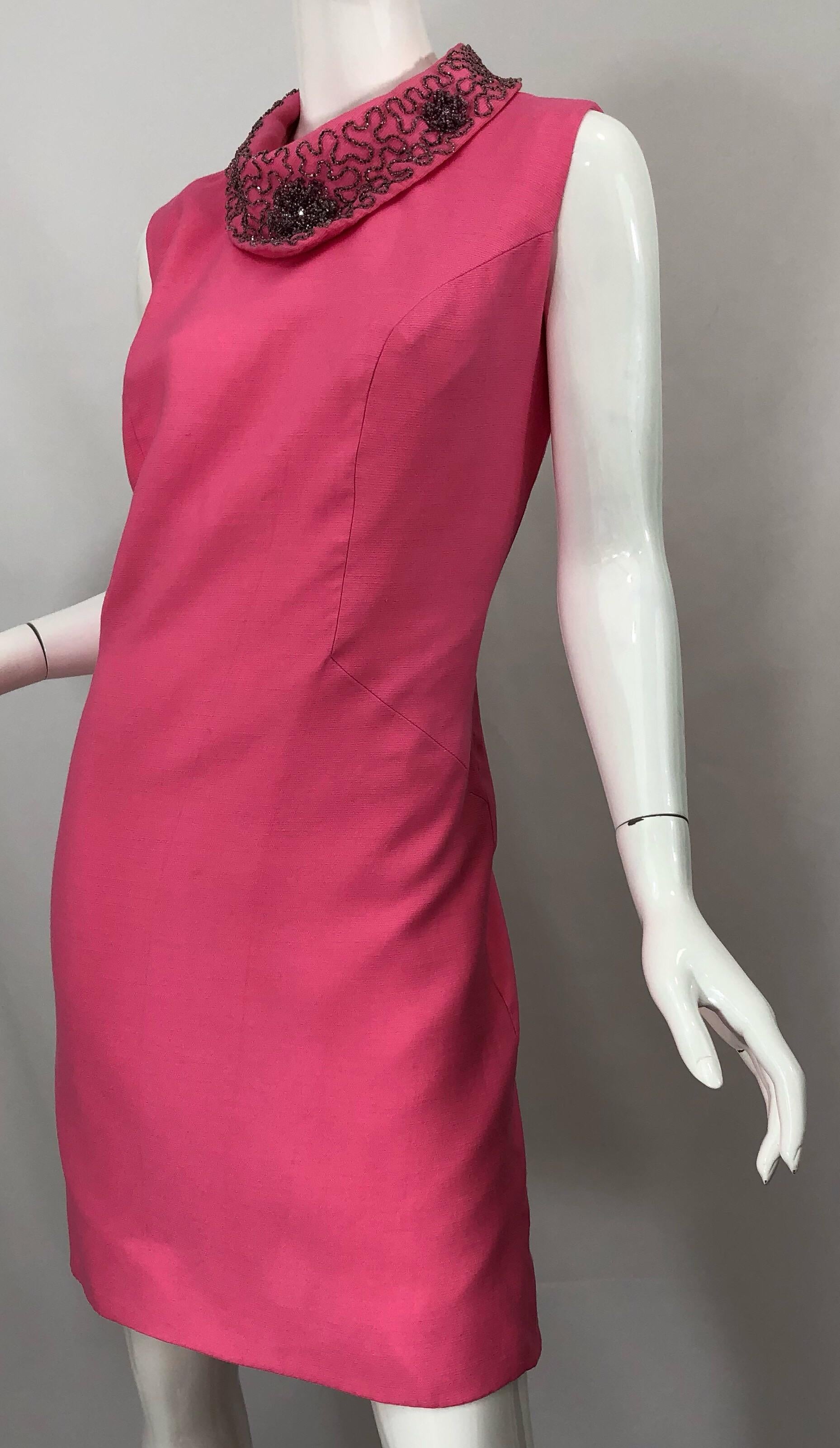 Chic 1960s Large Plus Size Bubblegum Pink Beaded Vintage 60s Shift Dress 7