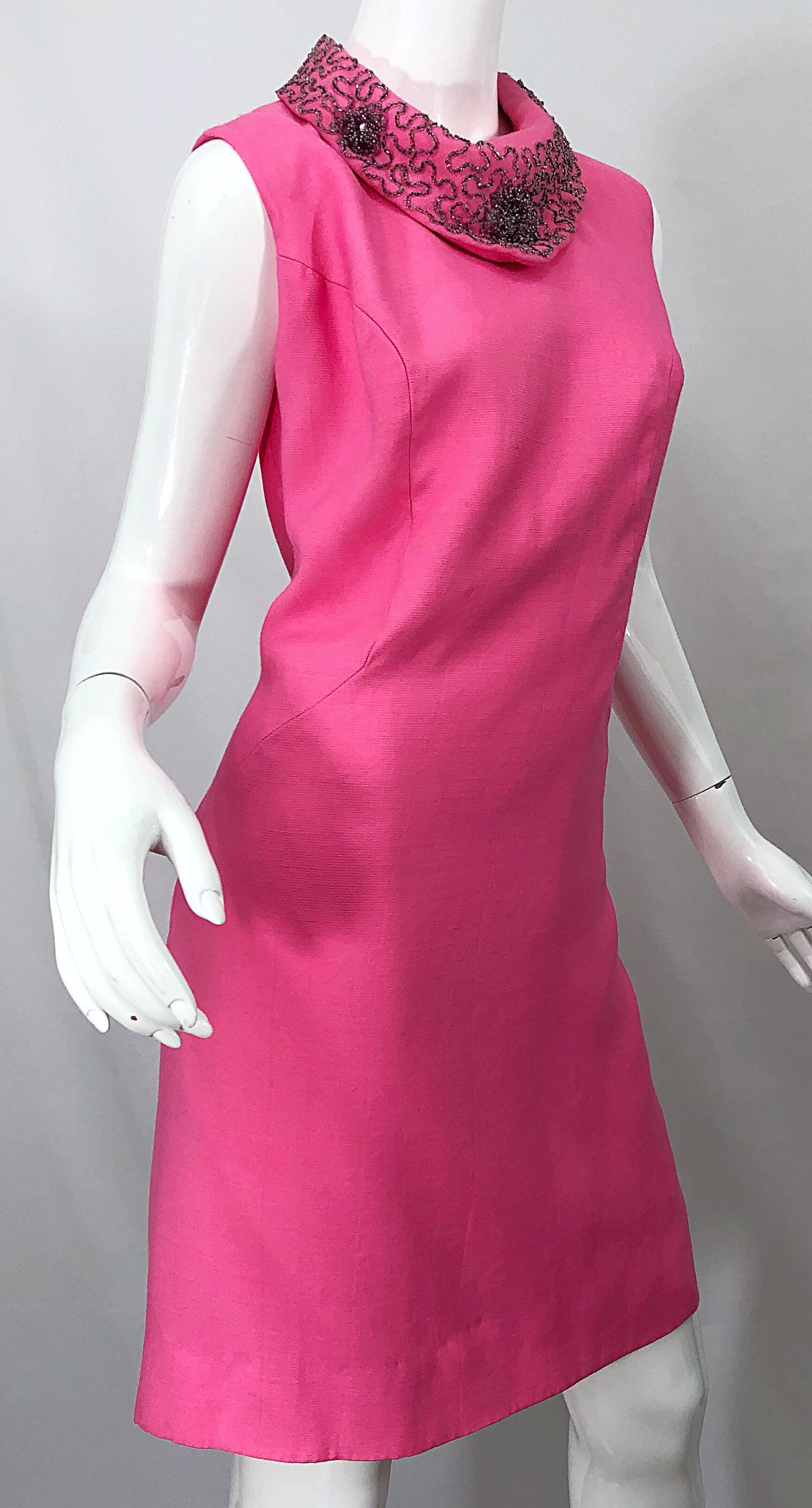 Chic 1960s Large Plus Size Bubblegum Pink Beaded Vintage 60s Shift Dress 8