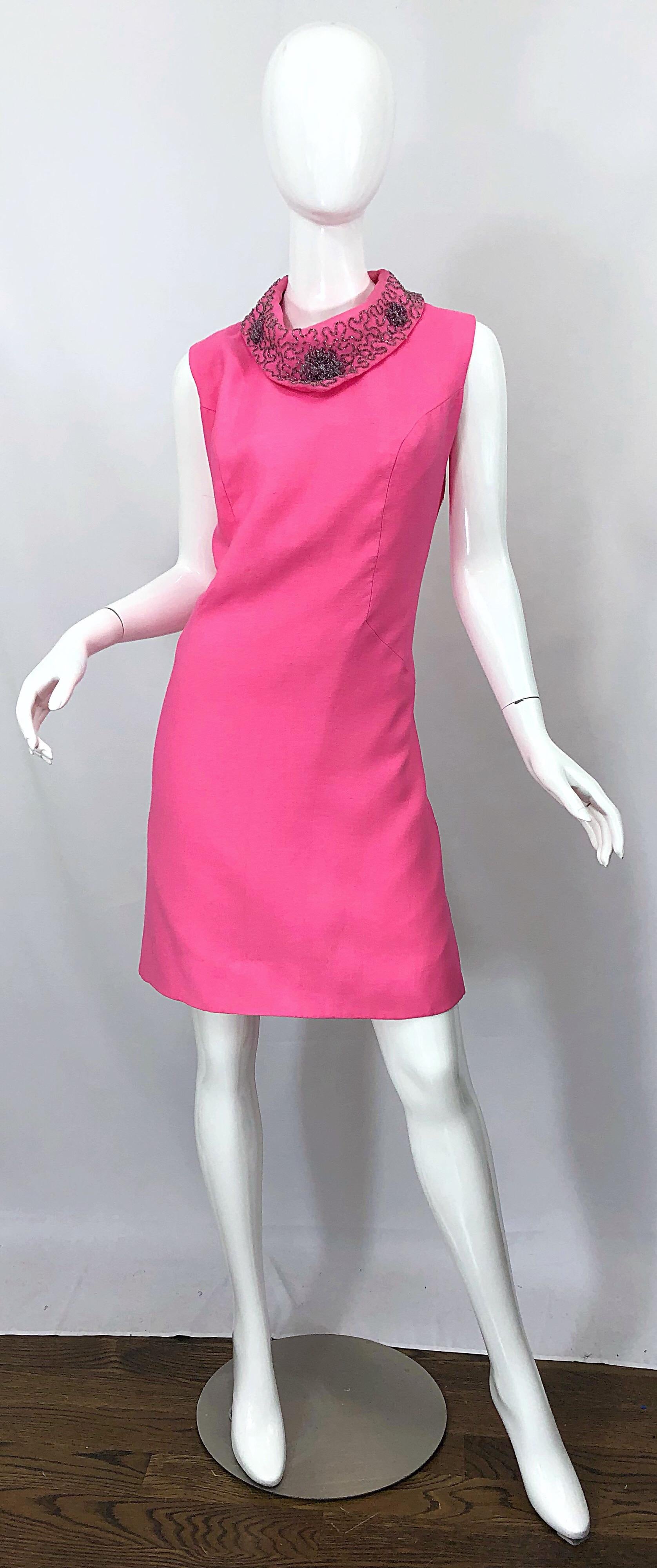 Chic 1960s Large Plus Size Bubblegum Pink Beaded Vintage 60s Shift Dress 11