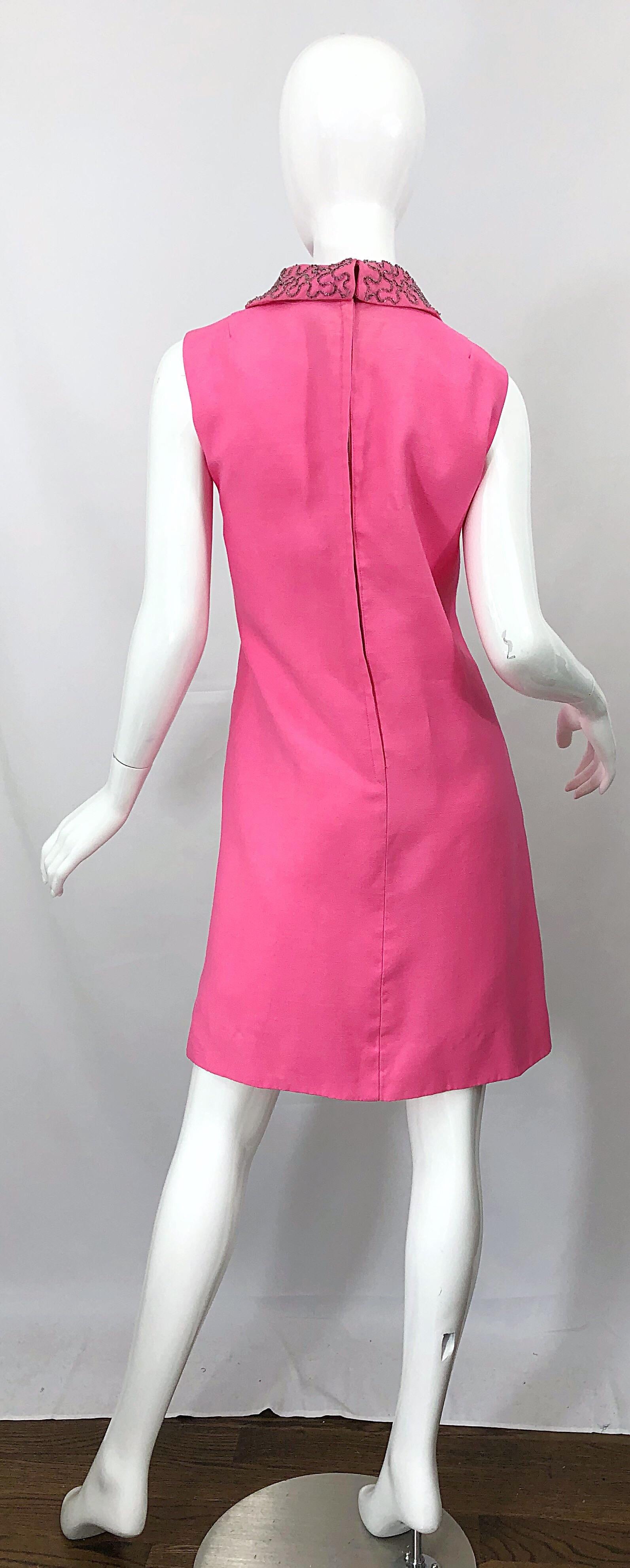 Women's Chic 1960s Large Plus Size Bubblegum Pink Beaded Vintage 60s Shift Dress