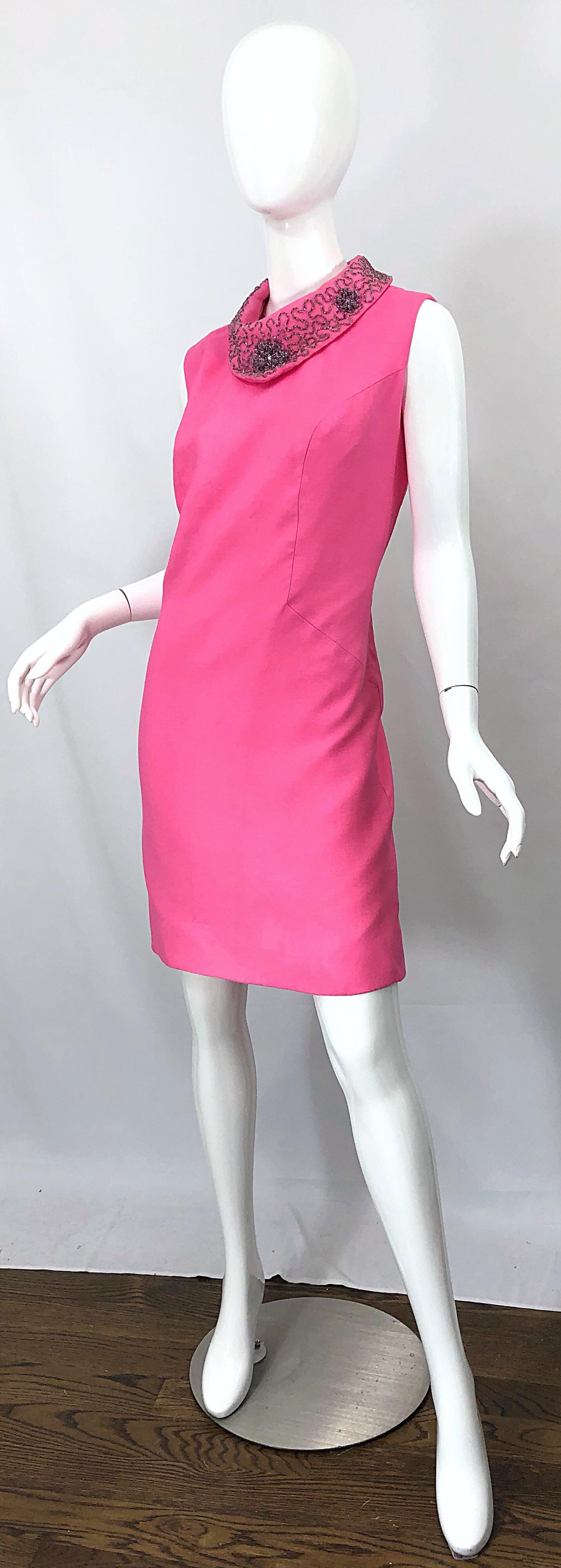 Chic 1960s Large Plus Size Bubblegum Pink Beaded Vintage 60s Shift Dress 1