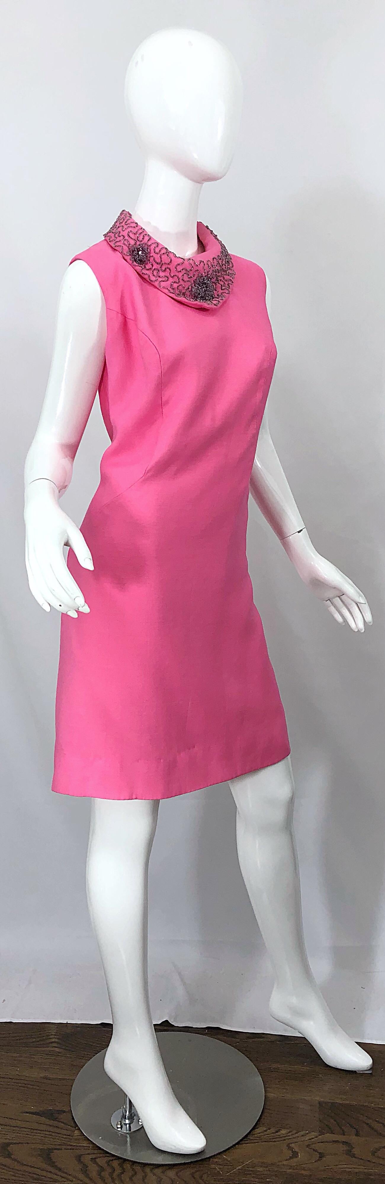 Chic 1960s Large Plus Size Bubblegum Pink Beaded Vintage 60s Shift Dress 2