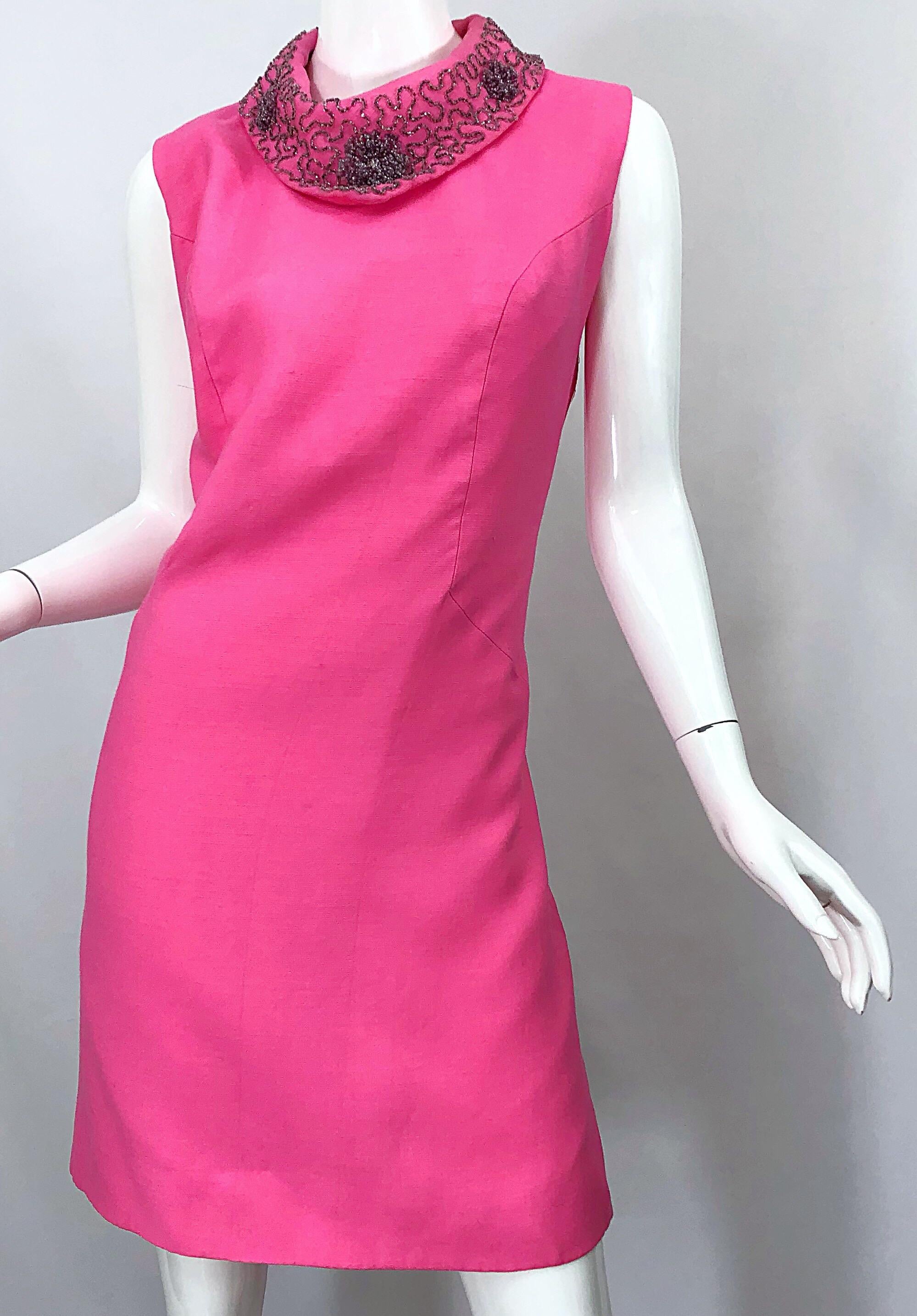Chic 1960s Large Plus Size Bubblegum Pink Beaded Vintage 60s Shift Dress 5