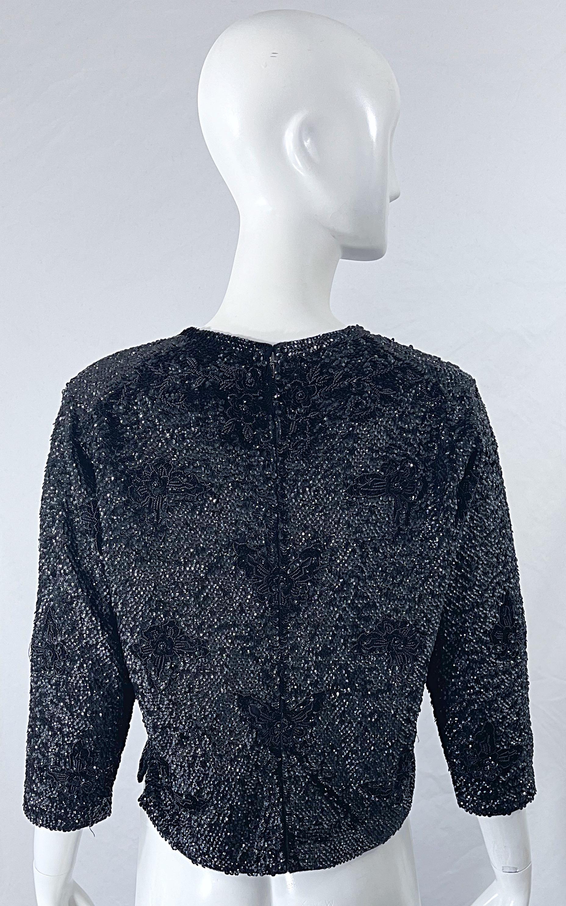 Chic 1960s Large Size Black Sequin + Beaded 3/4 Sleeves Vintage 60s Sweater Top For Sale 5