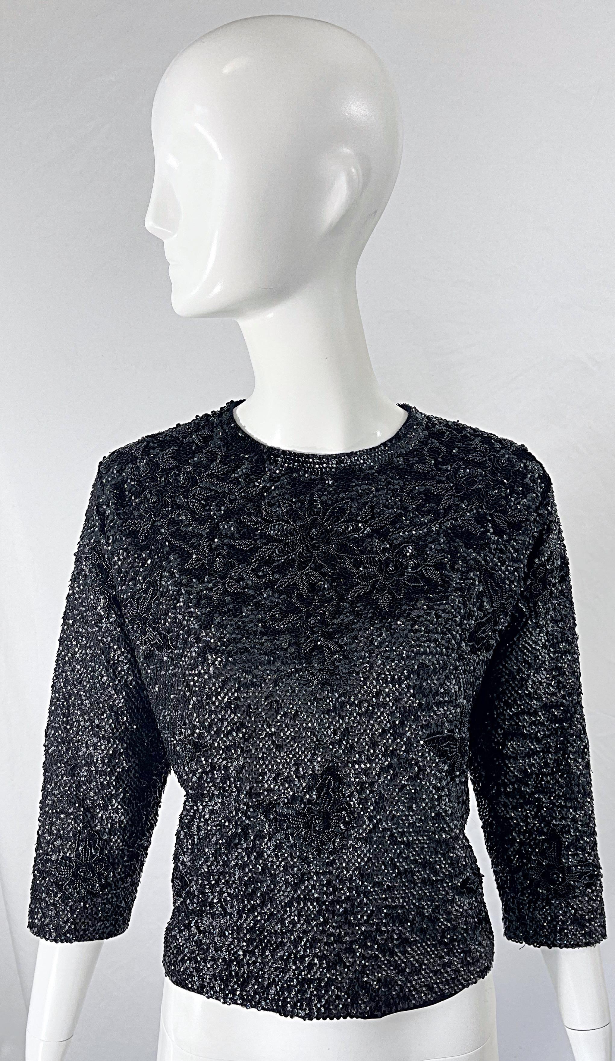 Chic 1960s Large Size Black Sequin + Beaded 3/4 Sleeves Vintage 60s Sweater Top For Sale 6