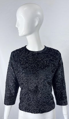 Chic 1960s Large Size Black Sequin + Beaded 3/4 Sleeves Vintage 60s Sweater Top