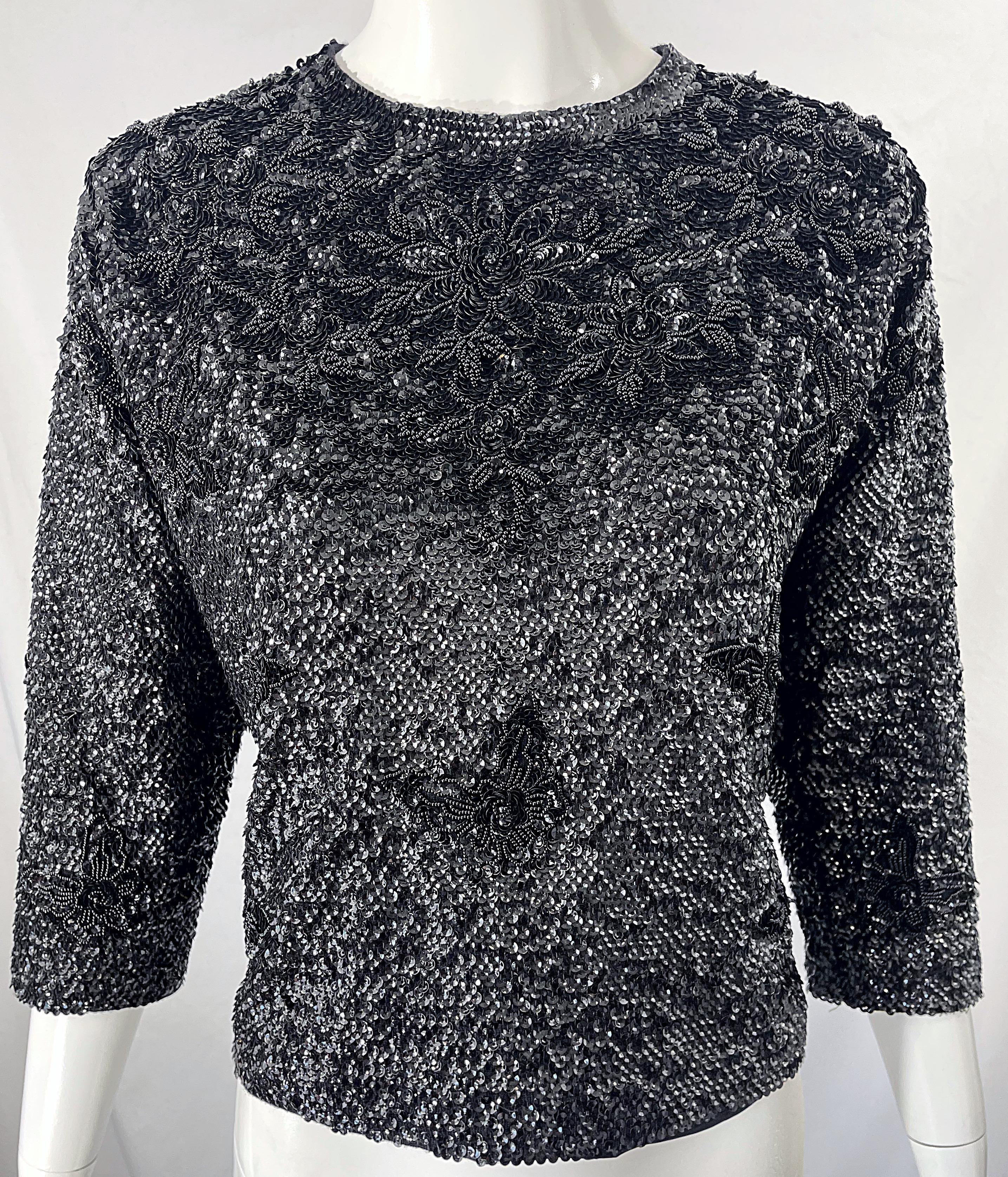 Chic 1960s Large Size Black Sequin + Beaded 3/4 Sleeves Vintage 60s Sweater Top For Sale 1