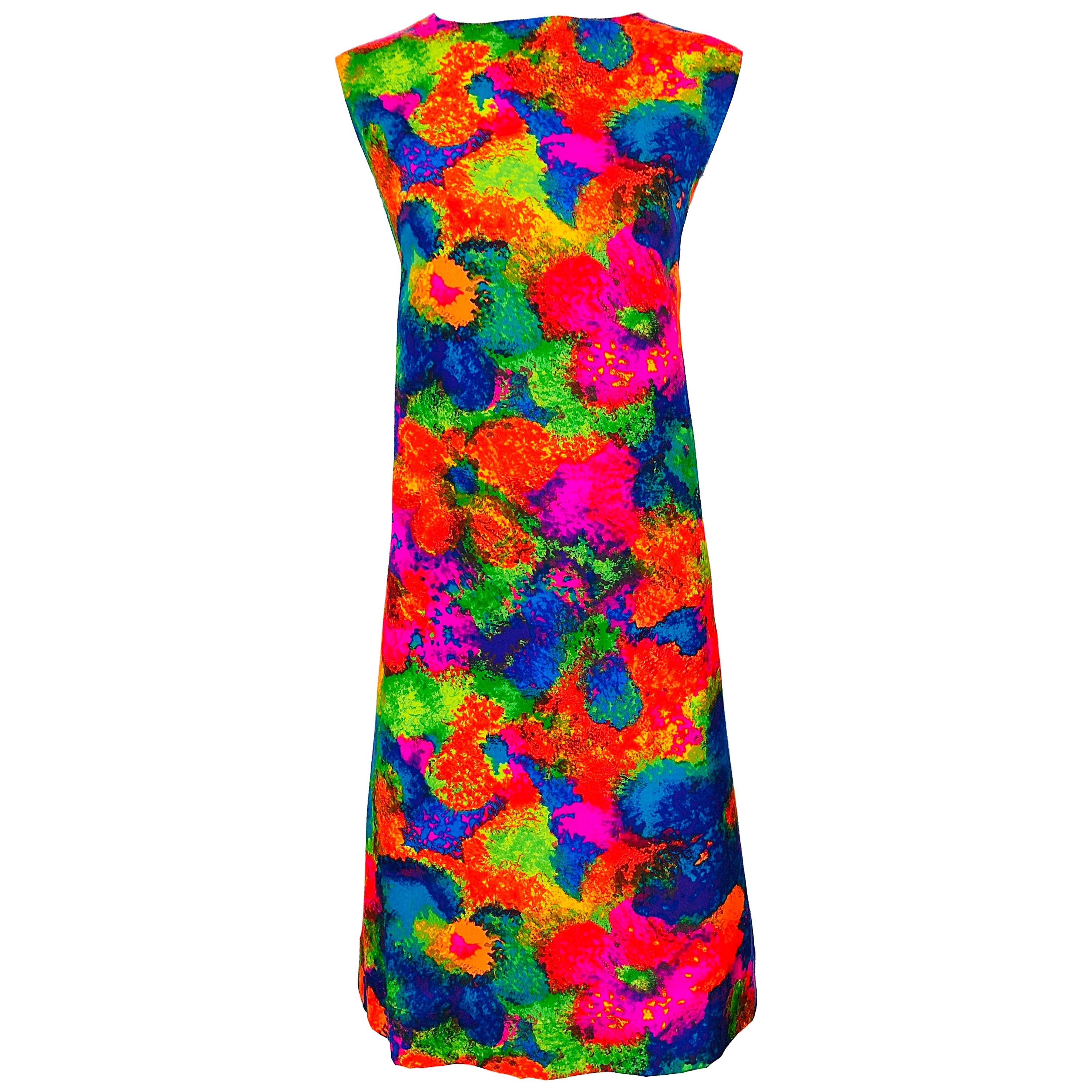 Chic 1960s Larger Size Neon Abstract Flower Print Vintage 60s Cotton Shift Dress