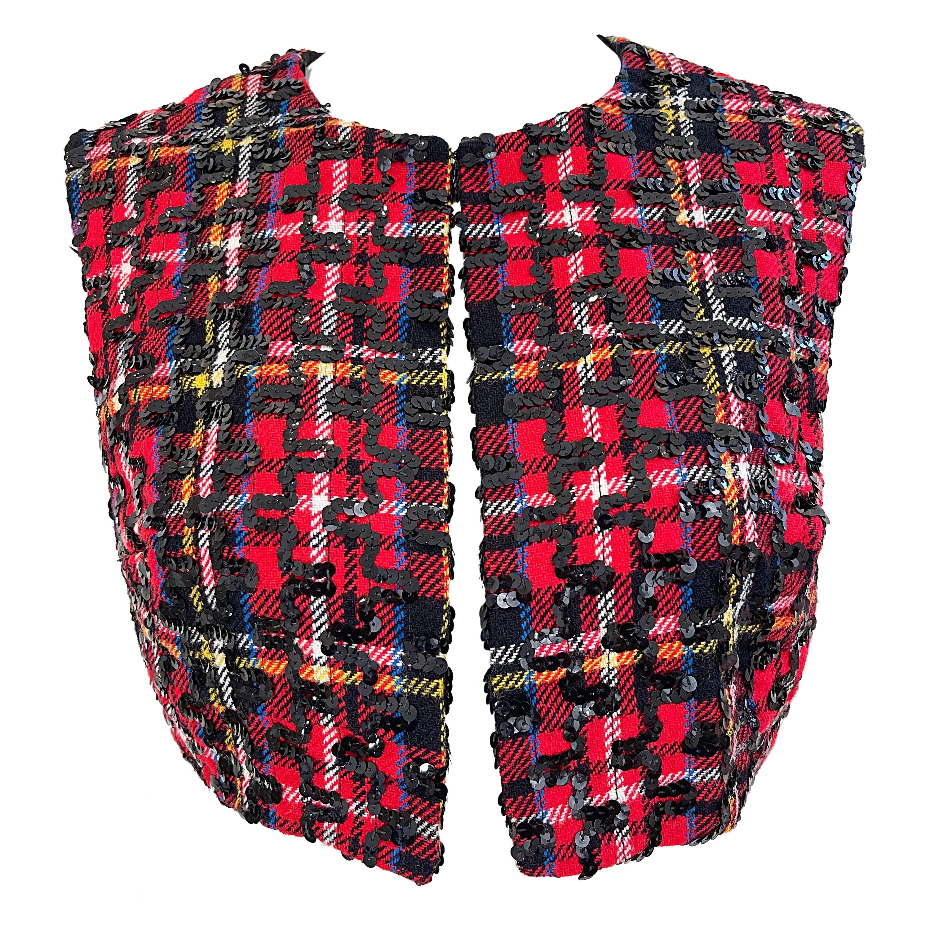 Chic 1960er Lee Jordan Rote Tartan karierte Vintage 60er Jahre Cropped Wollweste mit Pailletten