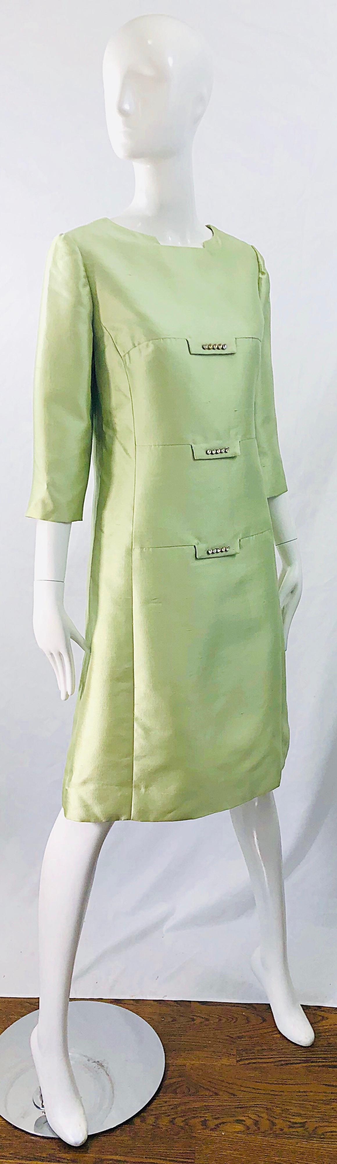 Chic 1960s Mint Green Silk Shantung Rhinestone Vintage 60s A Line Dress For Sale 2