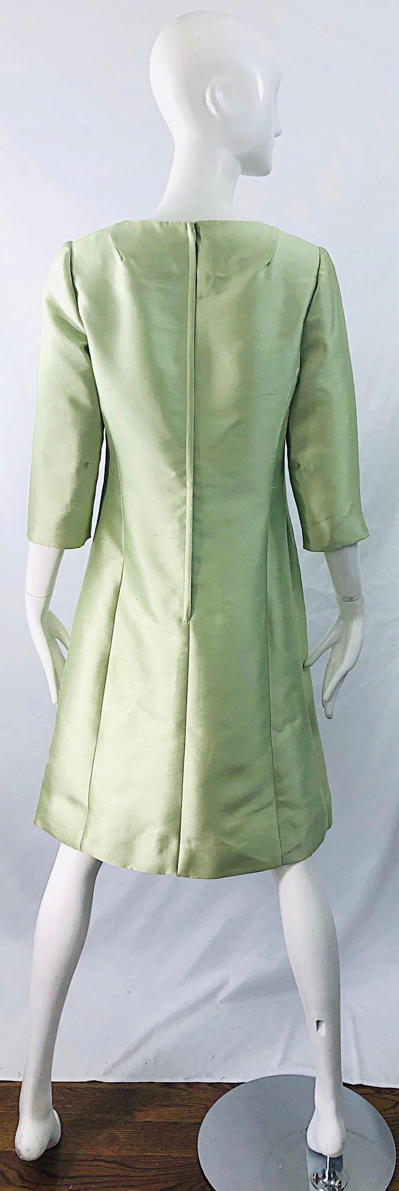 Chic 1960s Mint Green Silk Shantung Rhinestone Vintage 60s A Line Dress 3