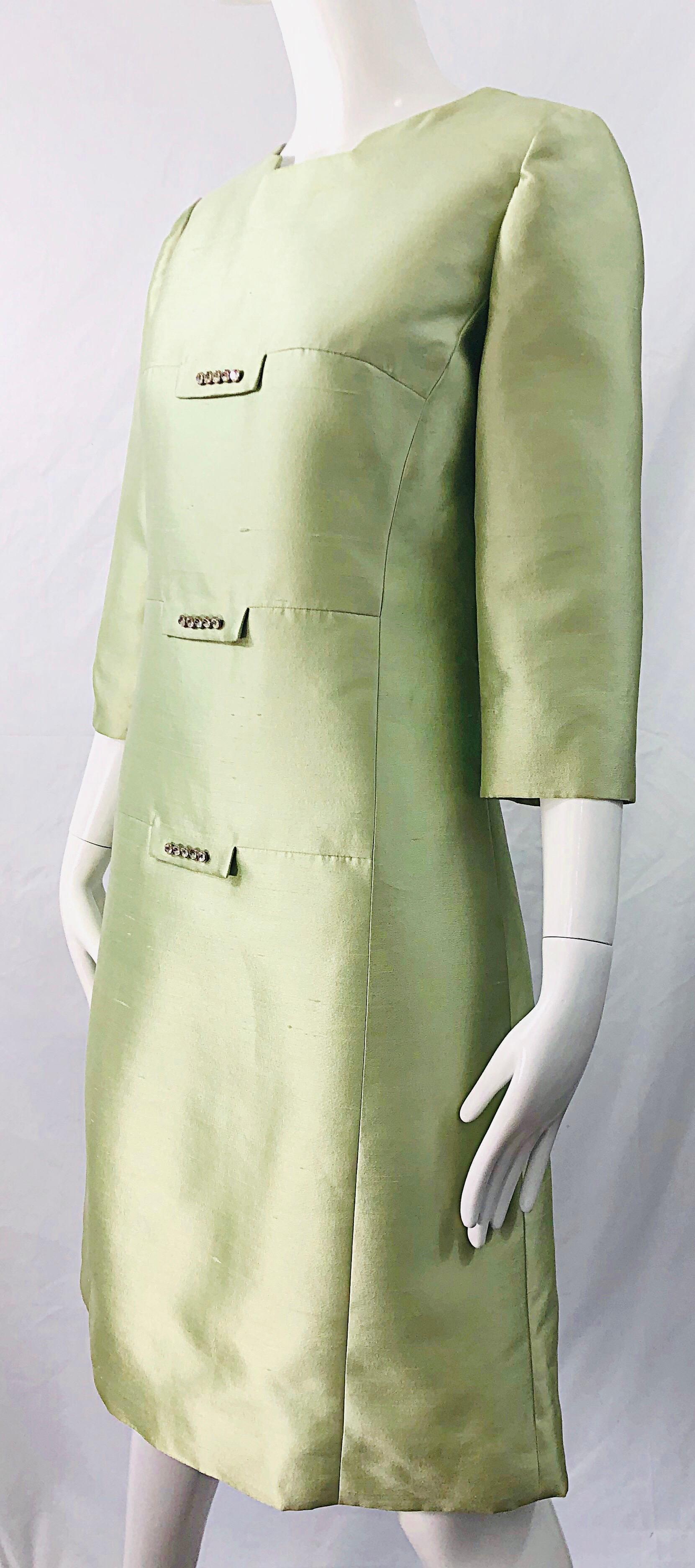 Chic 1960s Mint Green Silk Shantung Rhinestone Vintage 60s A Line Dress For Sale 4