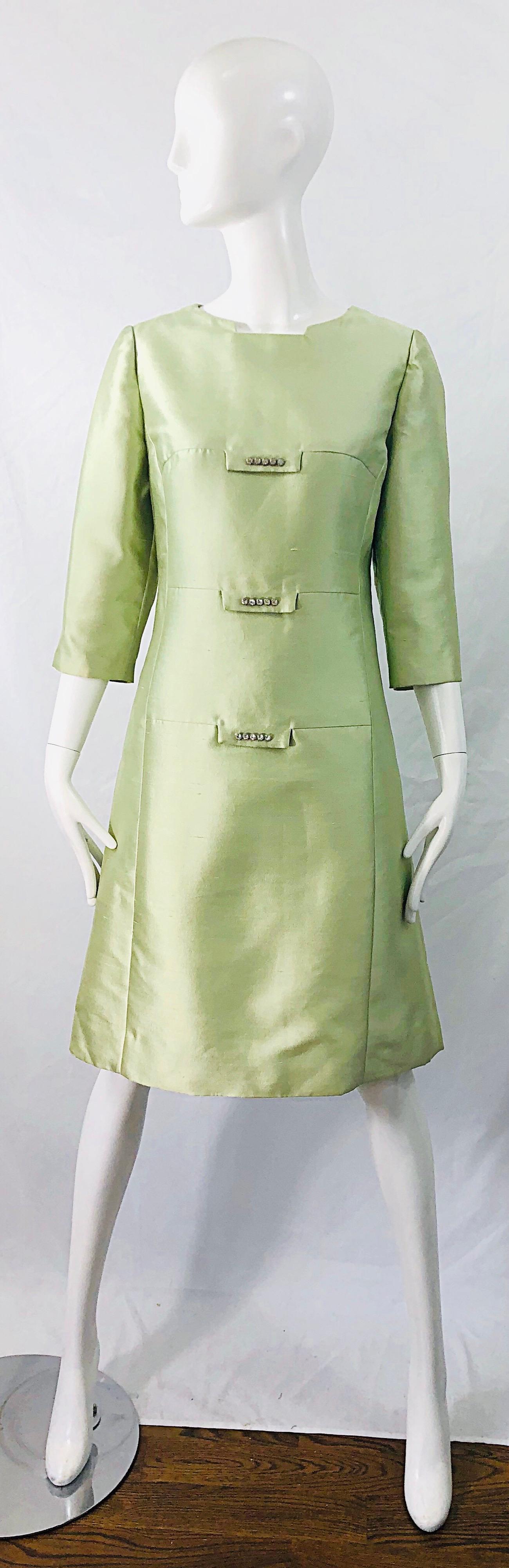 Chic 1960s Mint Green Silk Shantung Rhinestone Vintage 60s A Line Dress 5