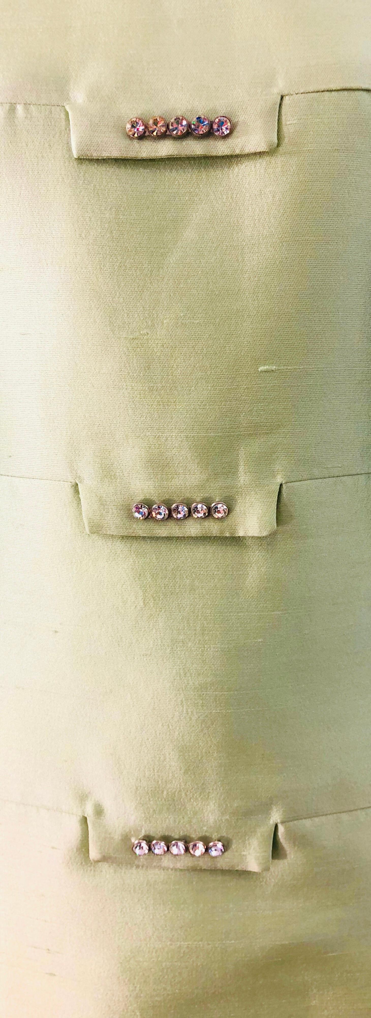 Chic 1960er Mintgrünes Seiden-Shantung-Kleid mit Strass Vintage 60er A-Linie Damen im Angebot