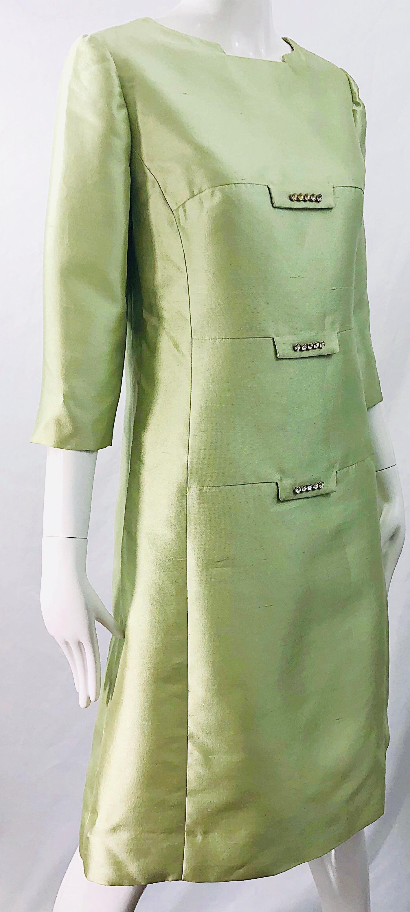 Gray Chic 1960s Mint Green Silk Shantung Rhinestone Vintage 60s A Line Dress For Sale