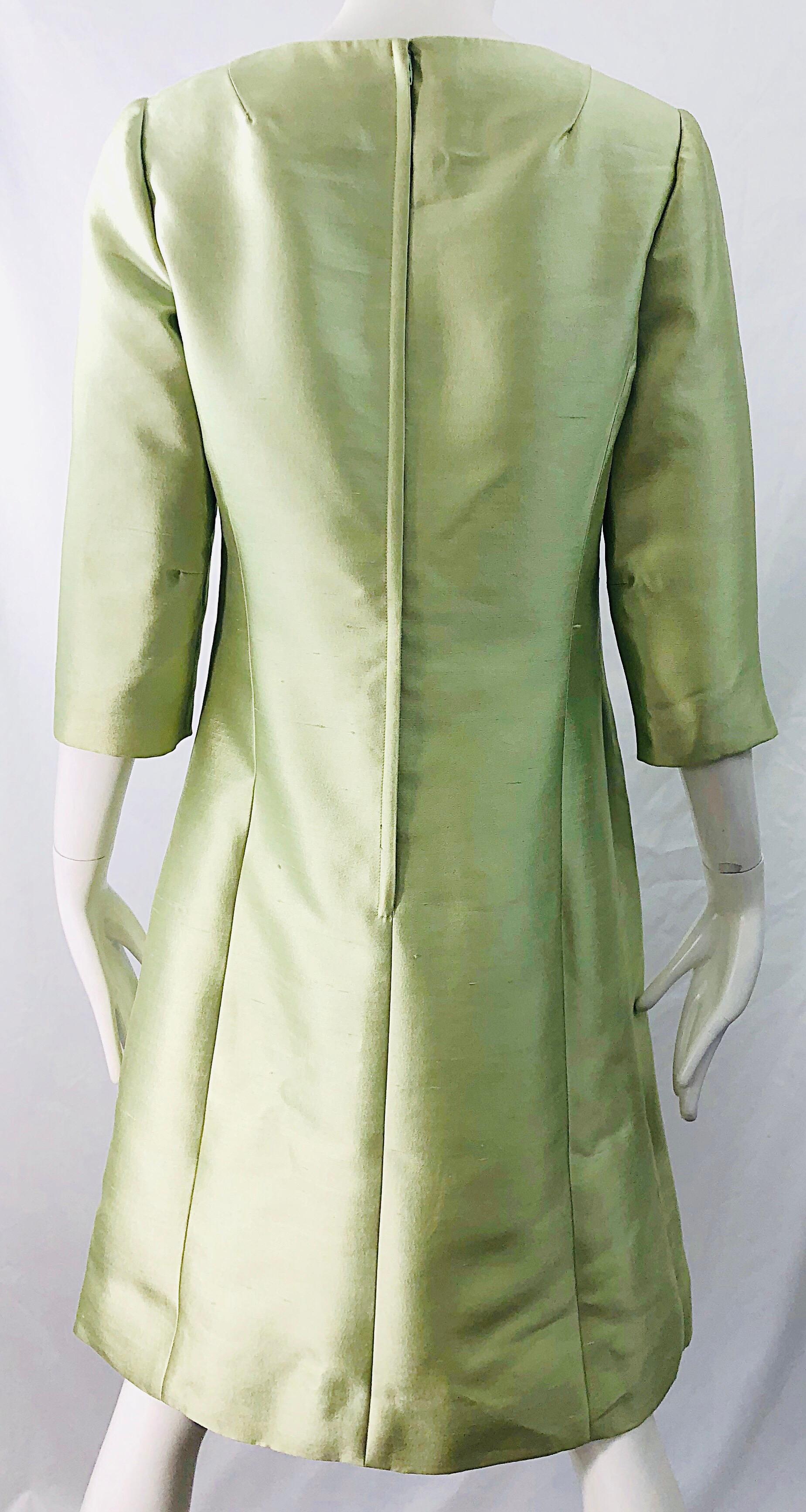 Chic 1960s Mint Green Silk Shantung Rhinestone Vintage 60s A Line Dress In Excellent Condition For Sale In San Diego, CA